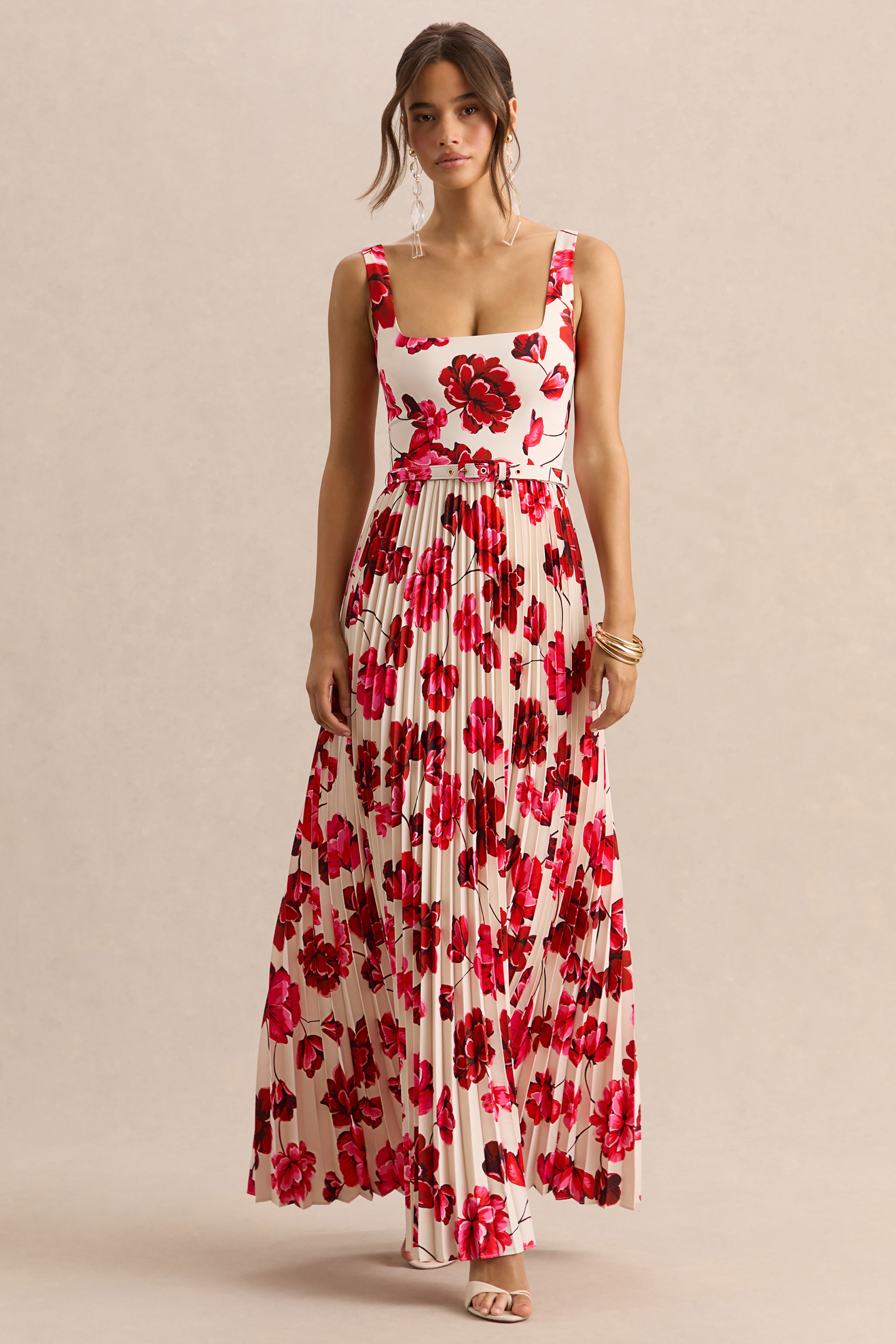Danika | Hot Pink Floral Print Square-Neck Belted Maxi Dress With Pleated Skirt