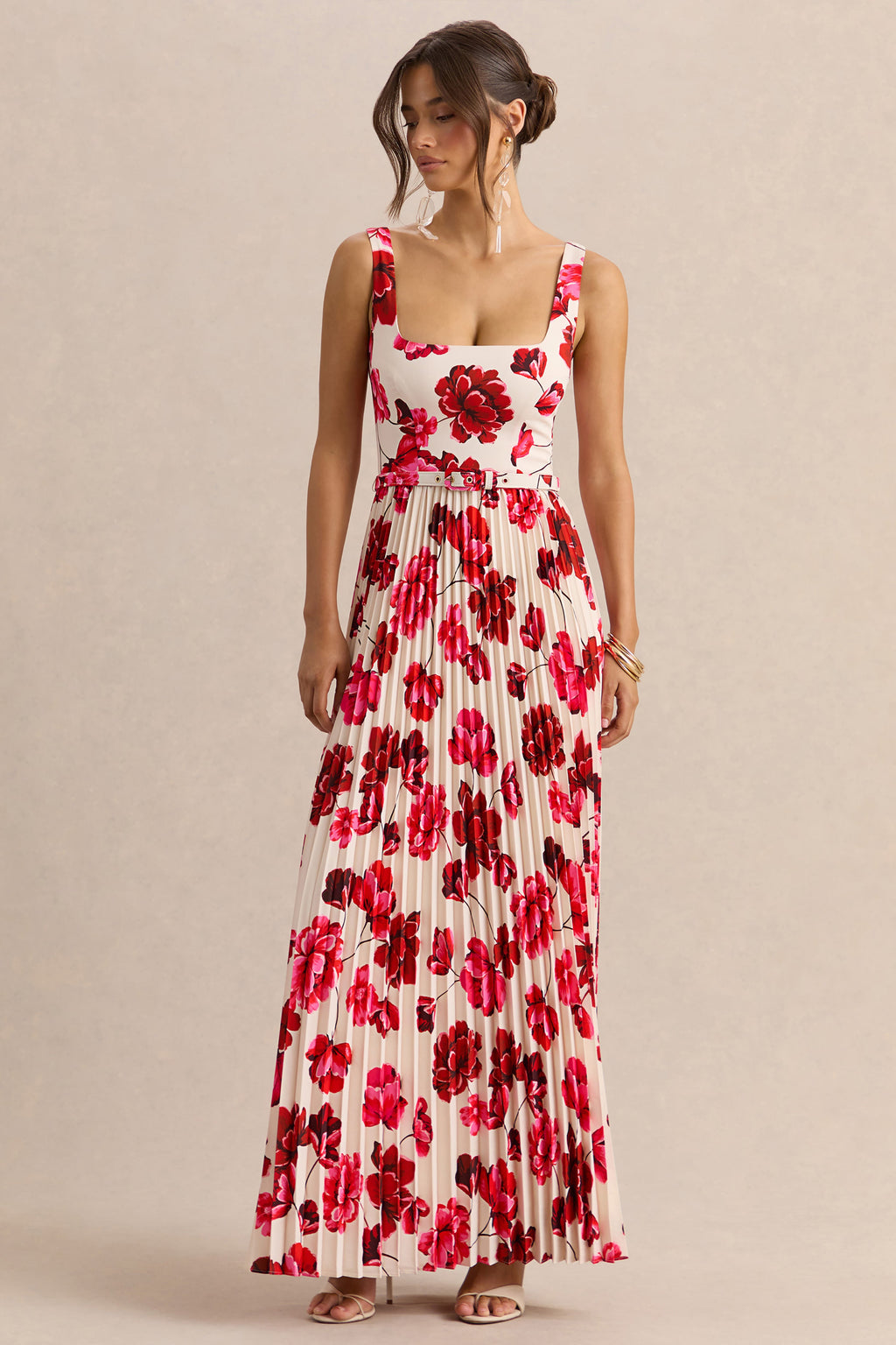 Danika | Hot Pink Floral Print Square-Neck Belted Maxi Dress With Pleated Skirt