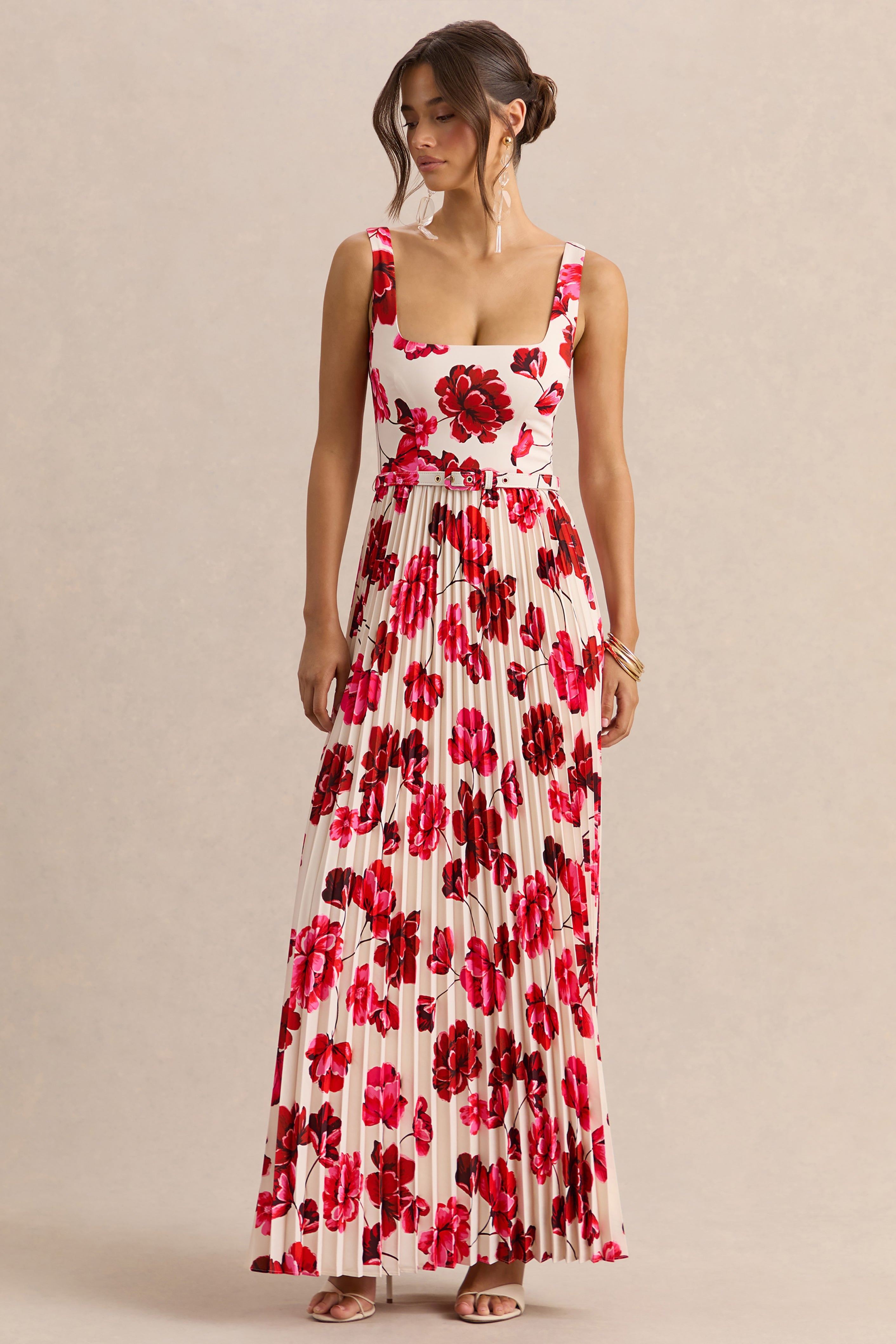 Danika | Hot Pink Floral Print Square-Neck Belted Maxi Dress With Pleated Skirt