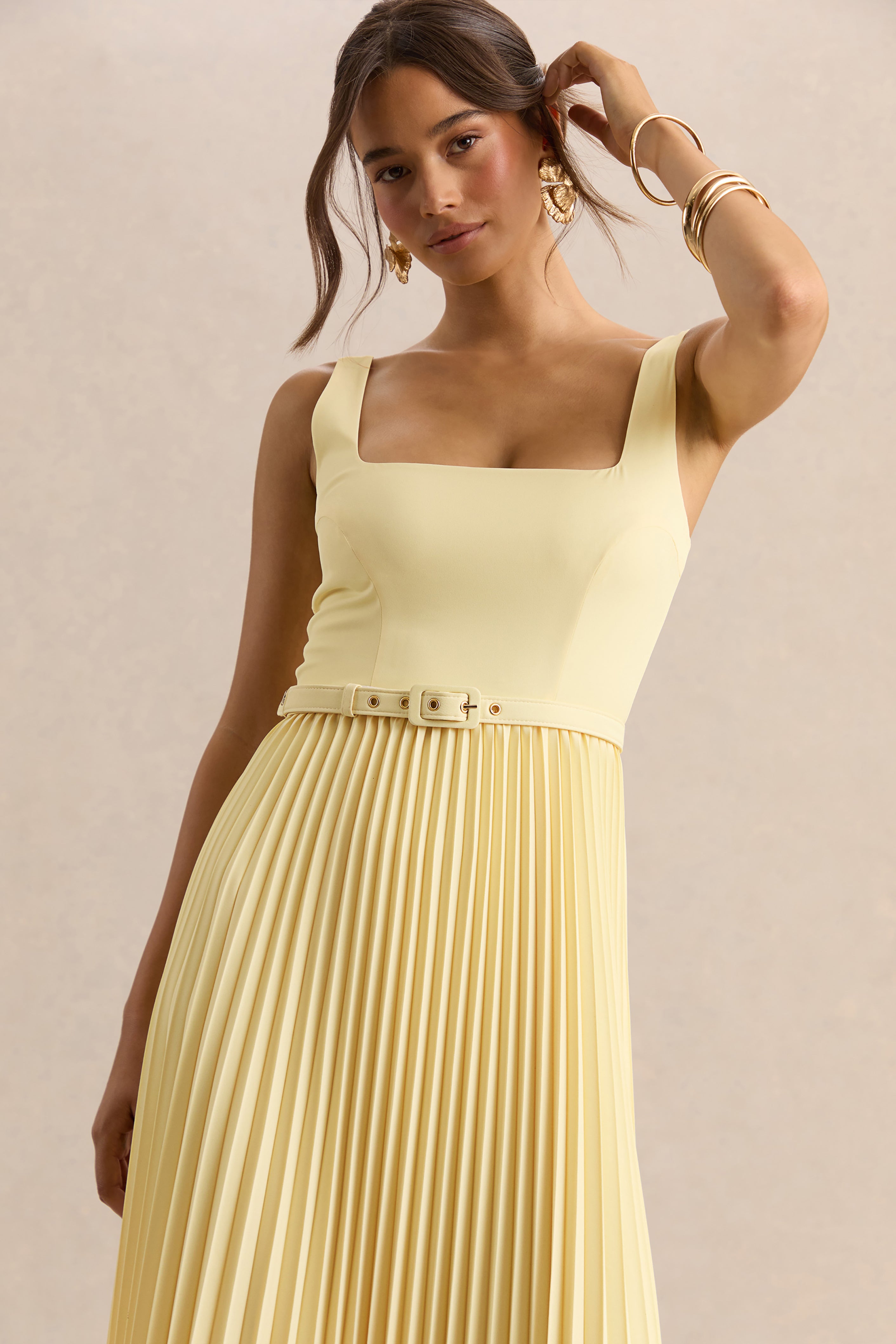 Danika | Lemon Square-Neck Belted Maxi Dress With Pleated Skirt