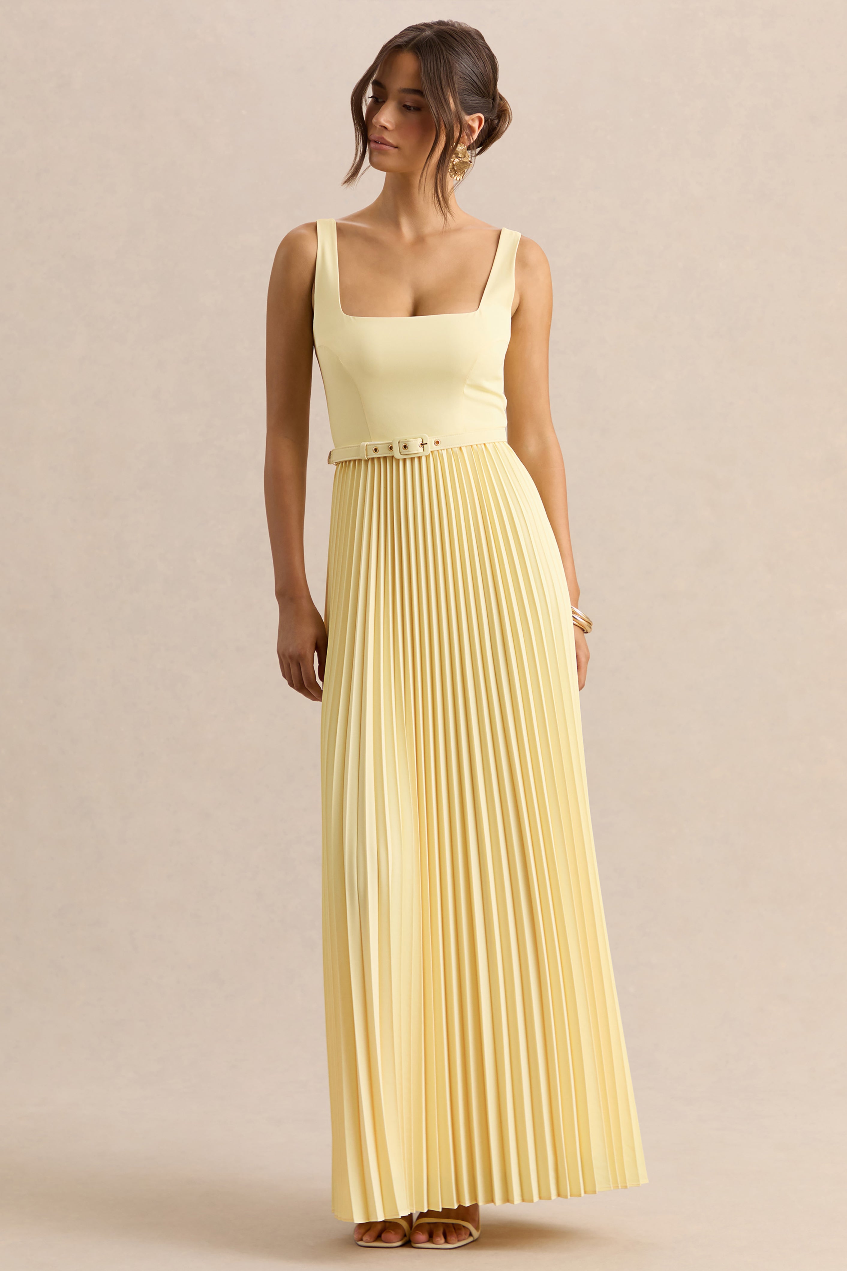 Danika | Lemon Square-Neck Belted Maxi Dress With Pleated Skirt