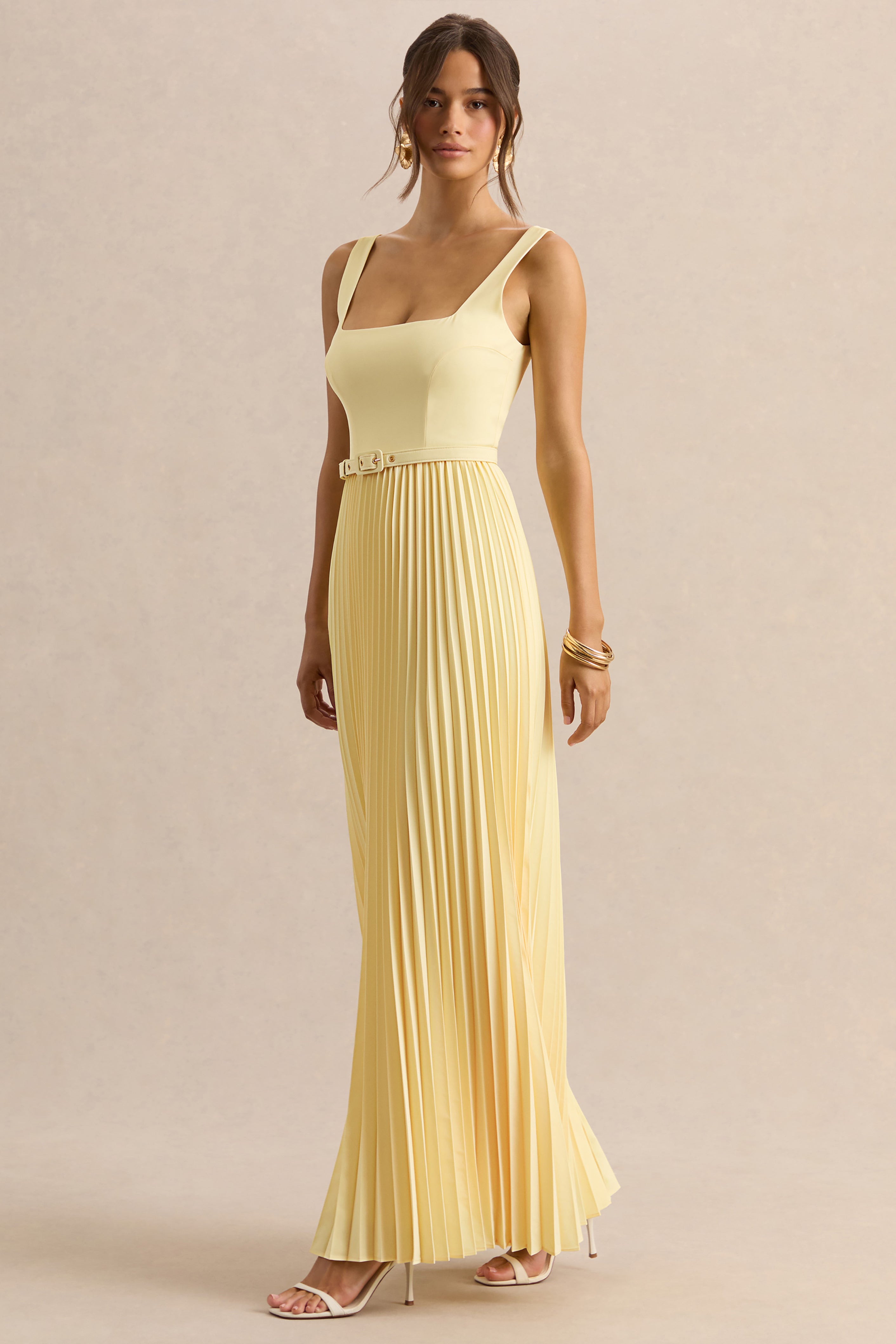 Danika | Lemon Square-Neck Belted Maxi Dress With Pleated Skirt
