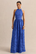 Indiana | Dark Blue Broderie Halter-Neck Maxi Dress