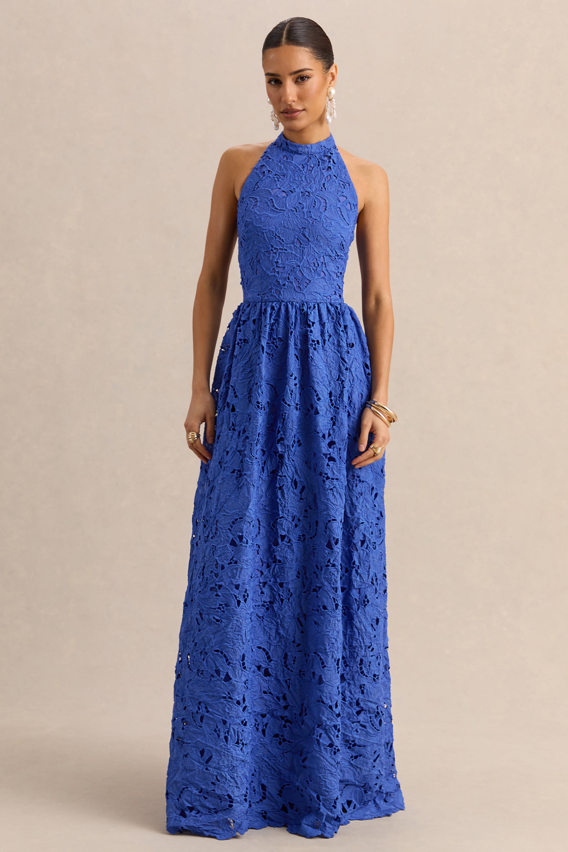 Indiana | Dark Blue Broderie Halter-Neck Maxi Dress