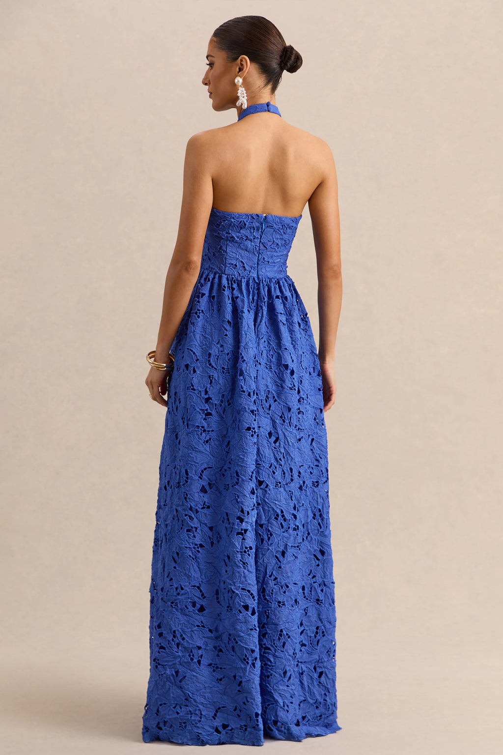 Indiana | Dark Blue Broderie Halter-Neck Maxi Dress
