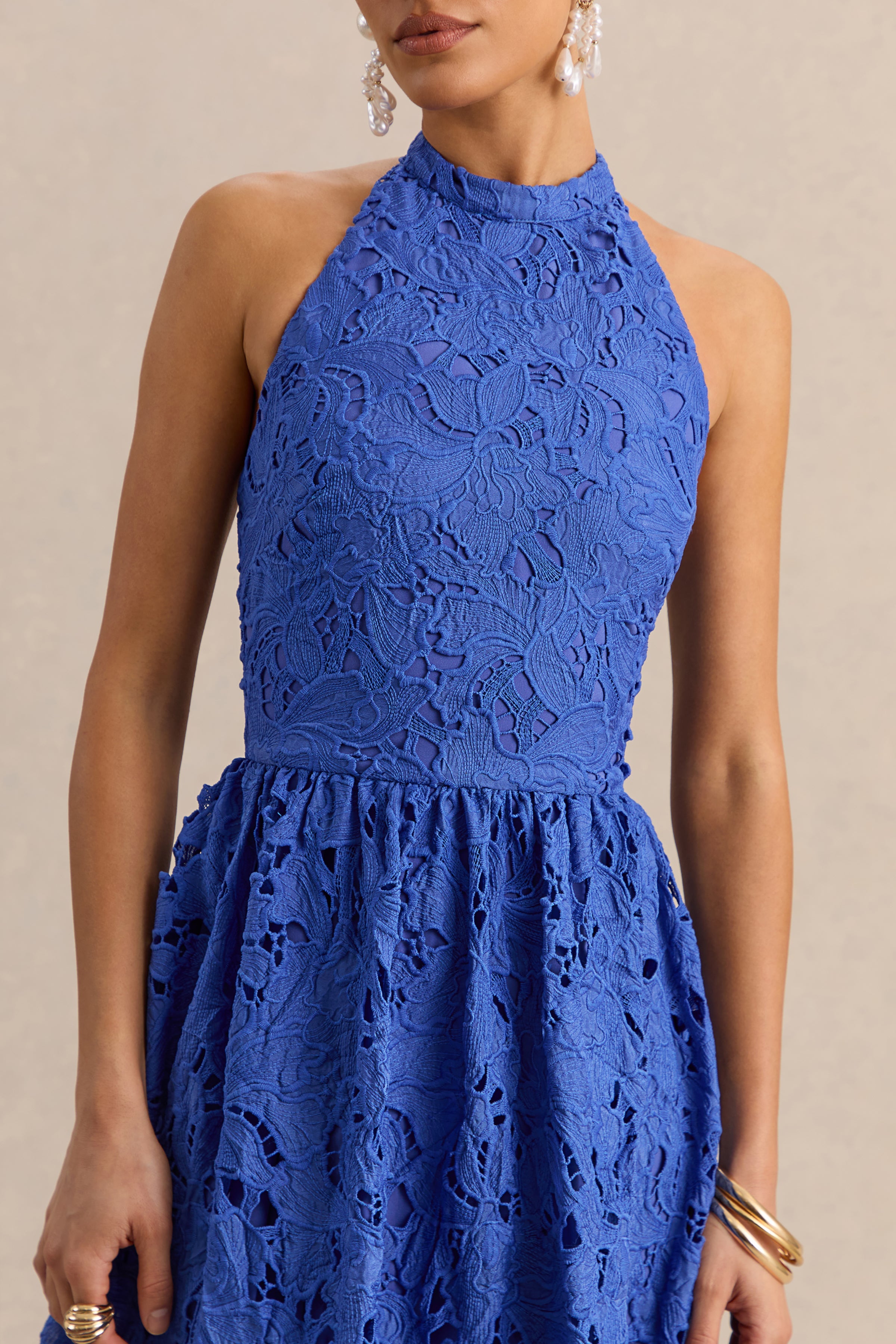 Indiana | Dark Blue Broderie Halter-Neck Maxi Dress