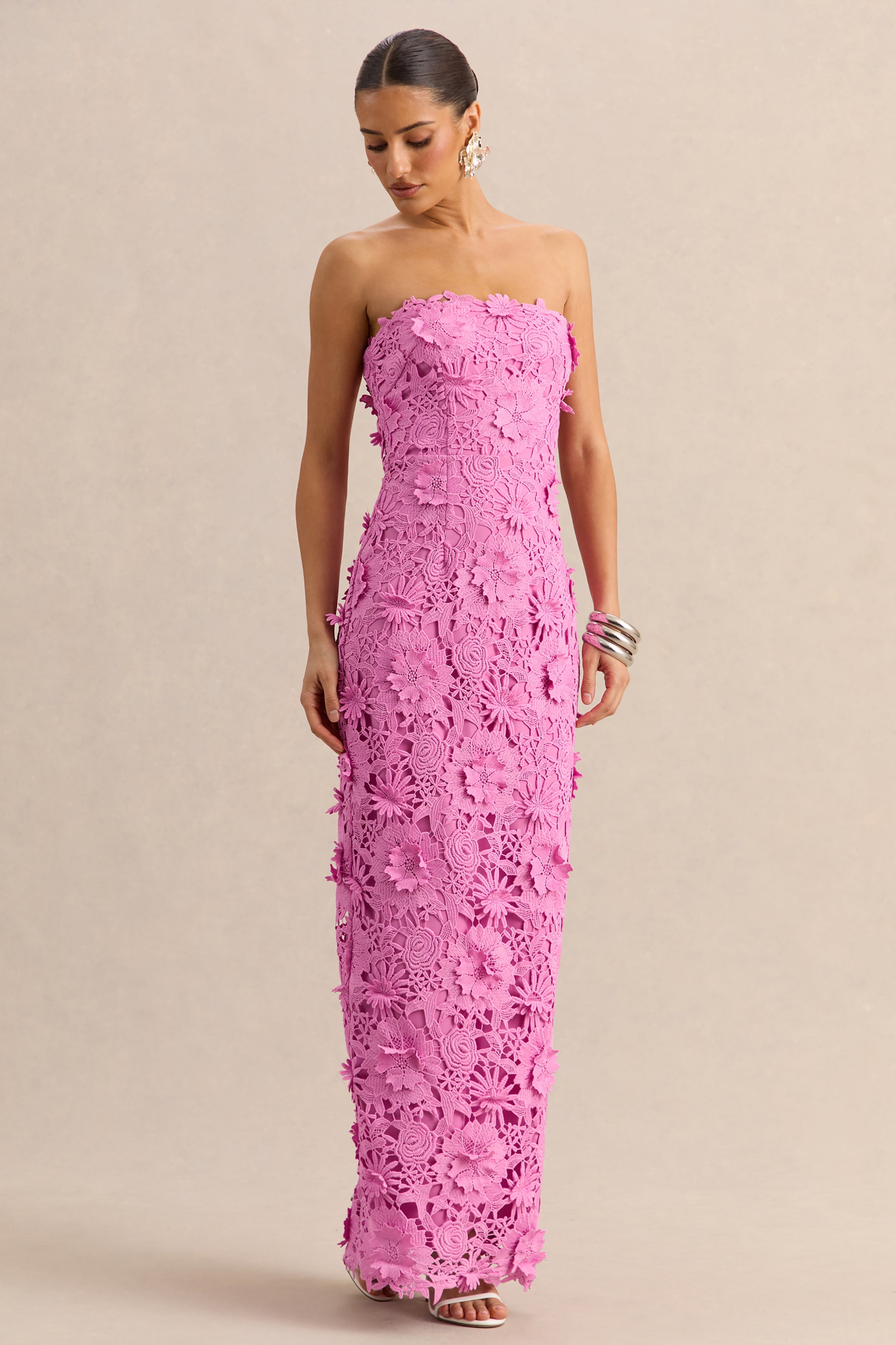 Gracie | Pink Lace Bandeau Maxi Dress