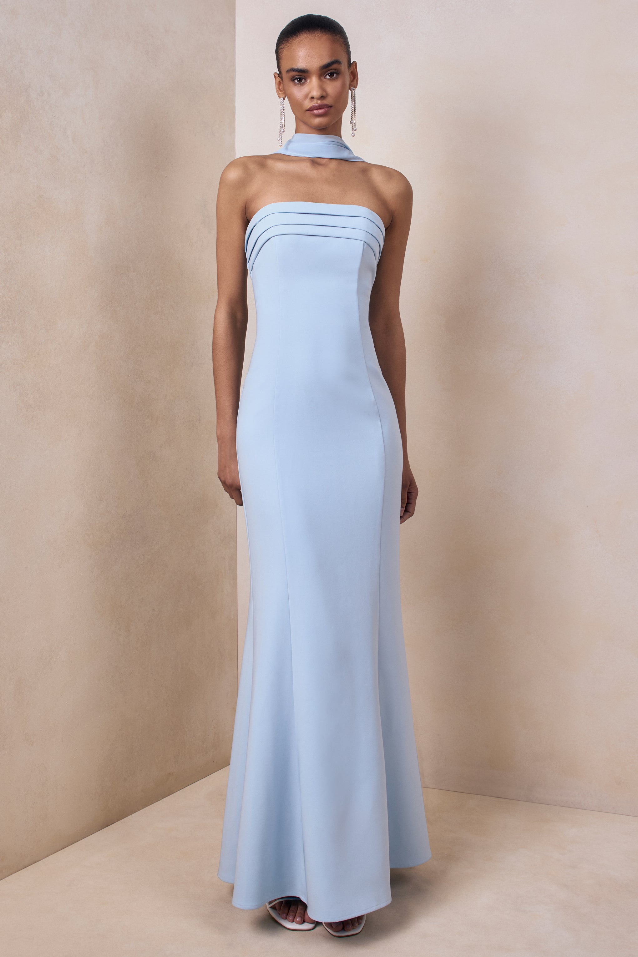 Nerissa | Light Blue Bandeau Maxi Dress With Scarf