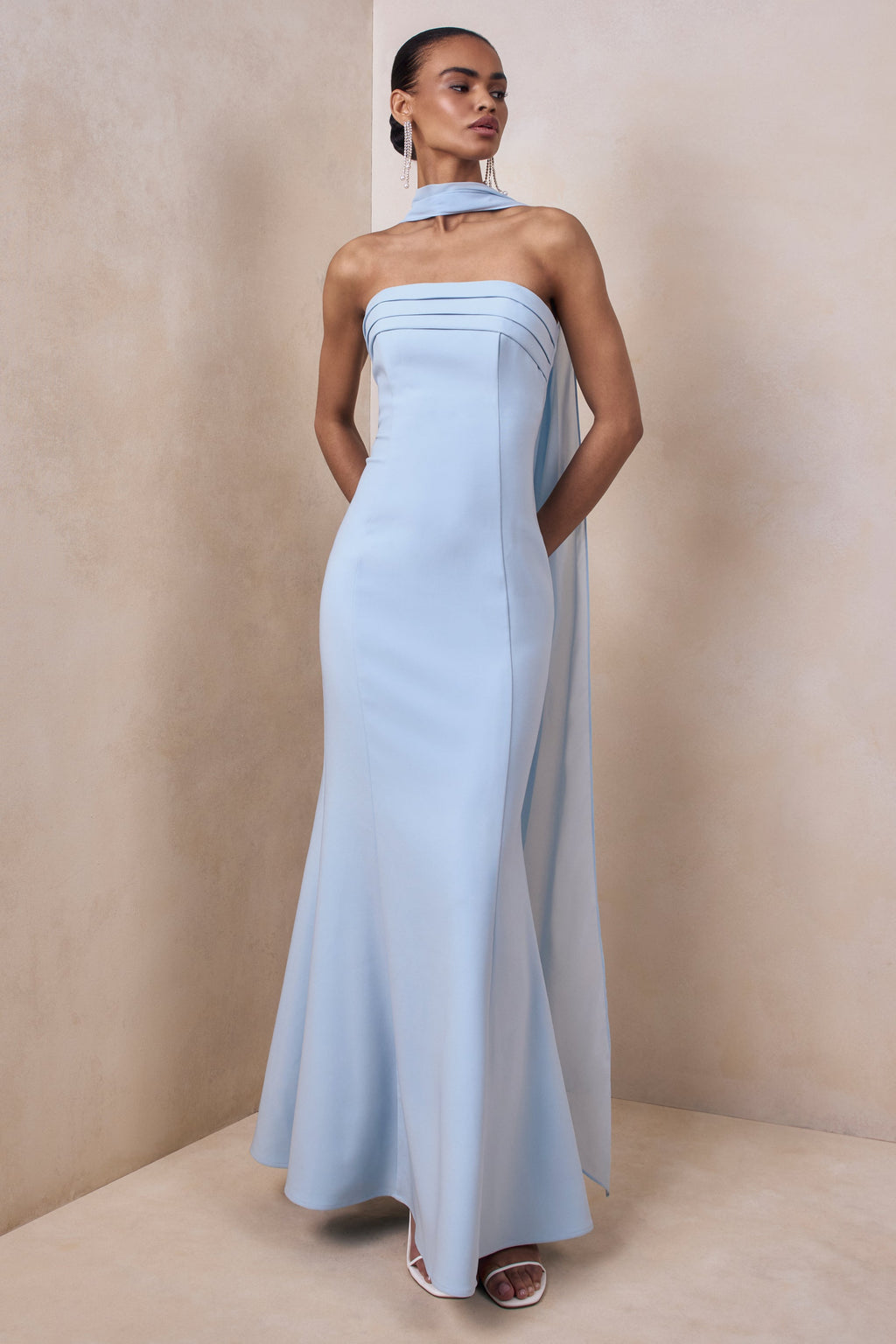 Nerissa | Light Blue Bandeau Maxi Dress With Scarf