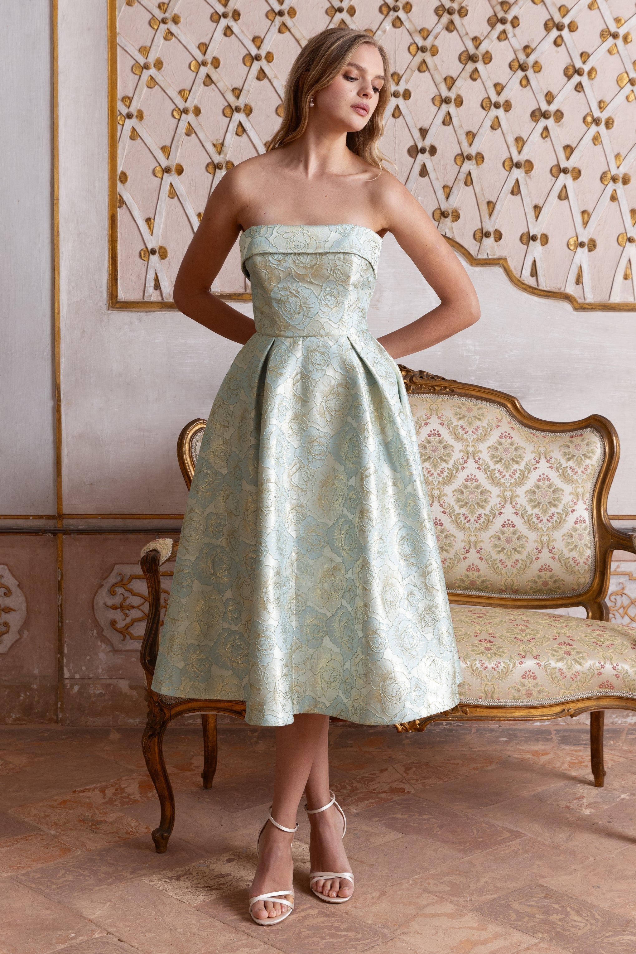 Tori | Powder Blue Jacquard Bandeau Skater Midi Dress