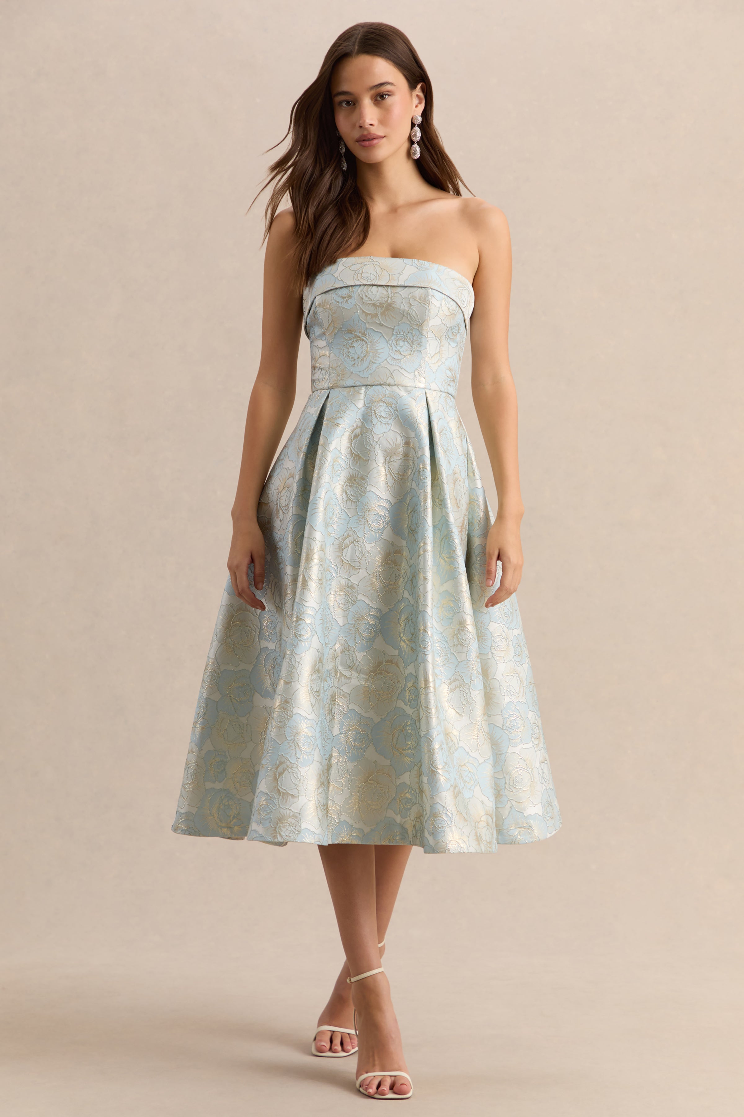 Tori | Powder Blue Jacquard Bandeau Skater Midi Dress