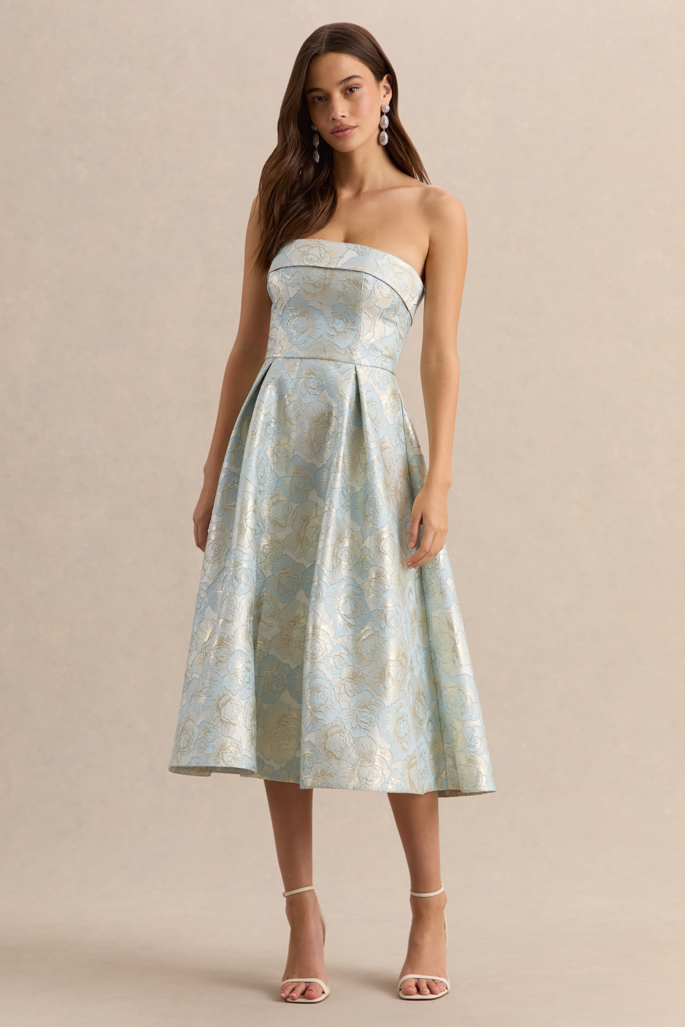 Tori | Powder Blue Jacquard Bandeau Skater Midi Dress