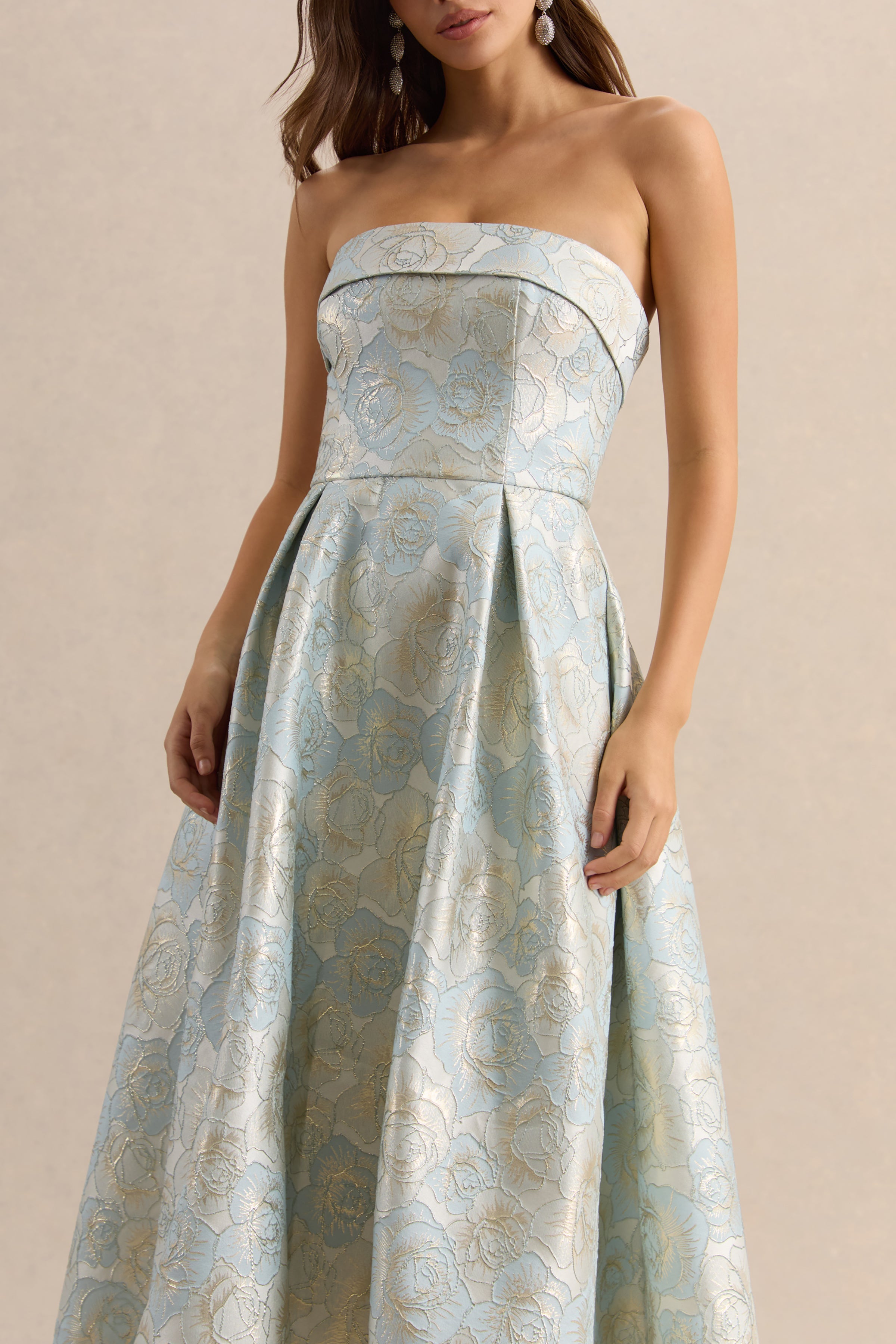 Tori | Powder Blue Jacquard Bandeau Skater Midi Dress