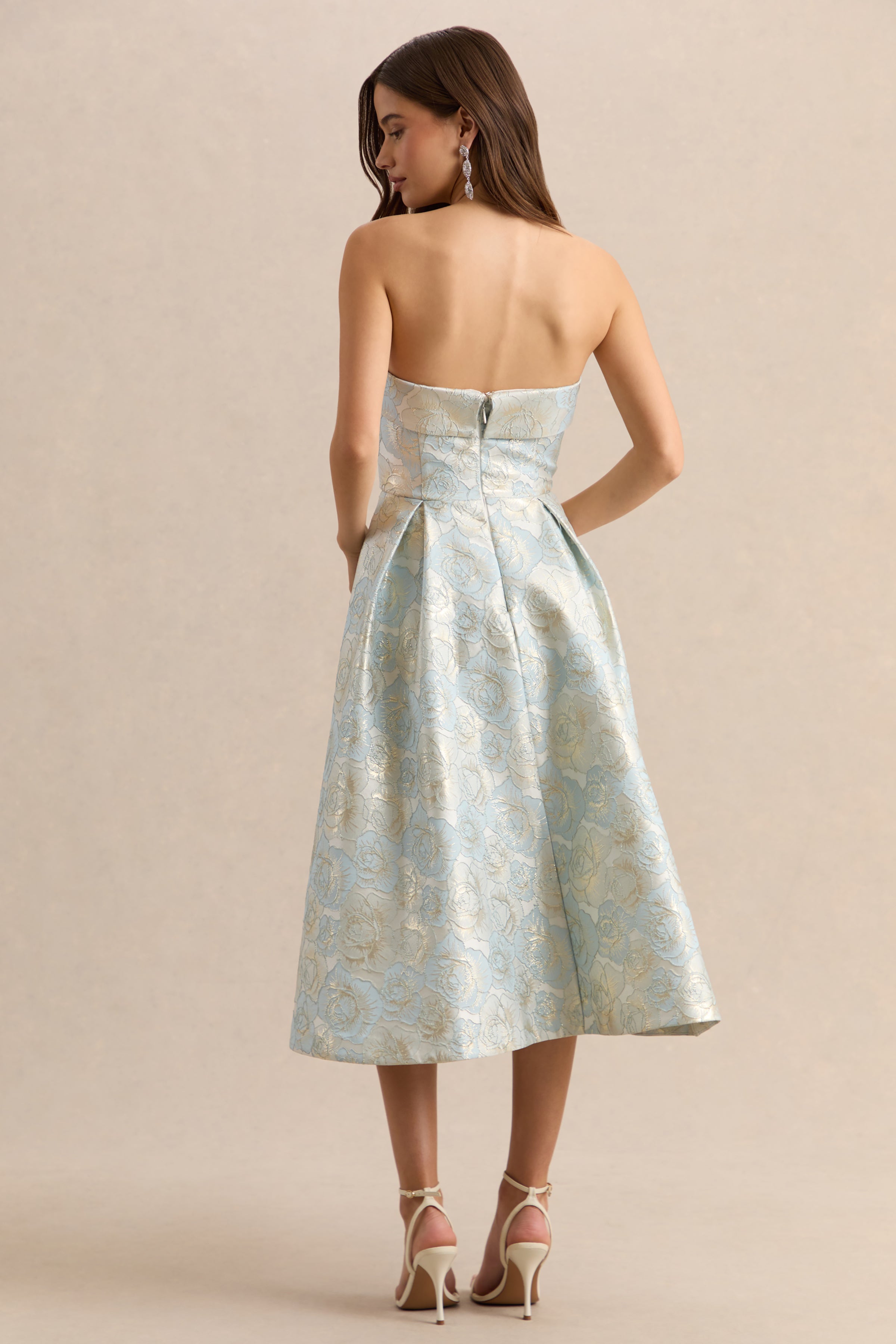 Tori | Powder Blue Jacquard Bandeau Skater Midi Dress
