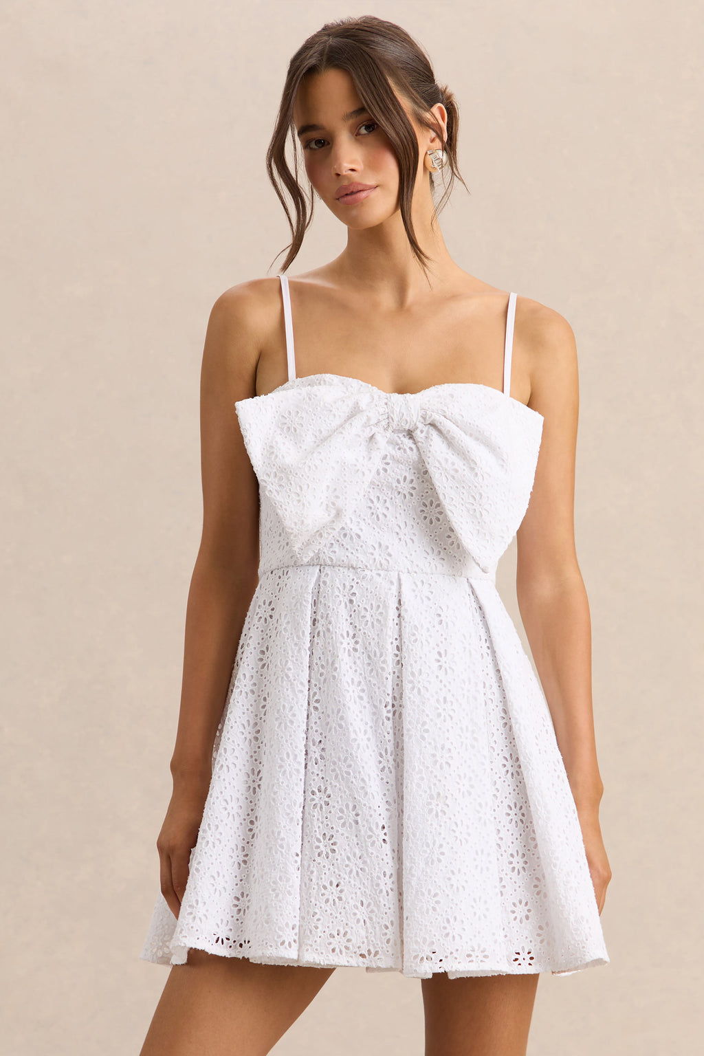 Elina | White Square-Neck Mini Dress With Bow Detail