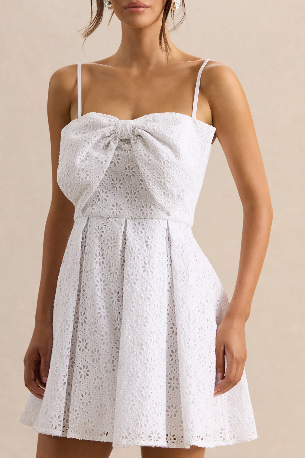 Elina | White Square-Neck Mini Dress With Bow Detail