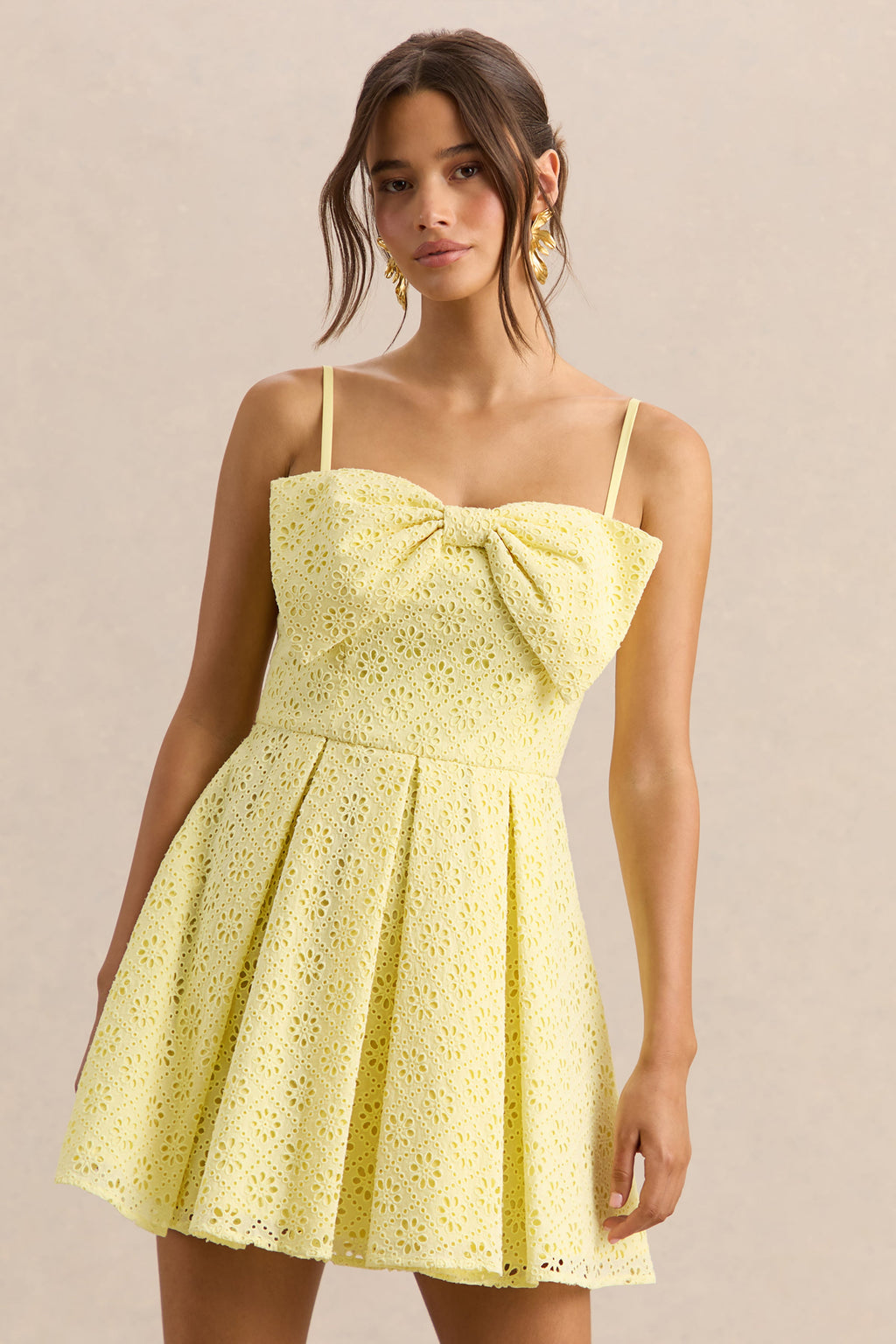 Elina | Lemon Square-Neck Mini Dress With Bow Detail