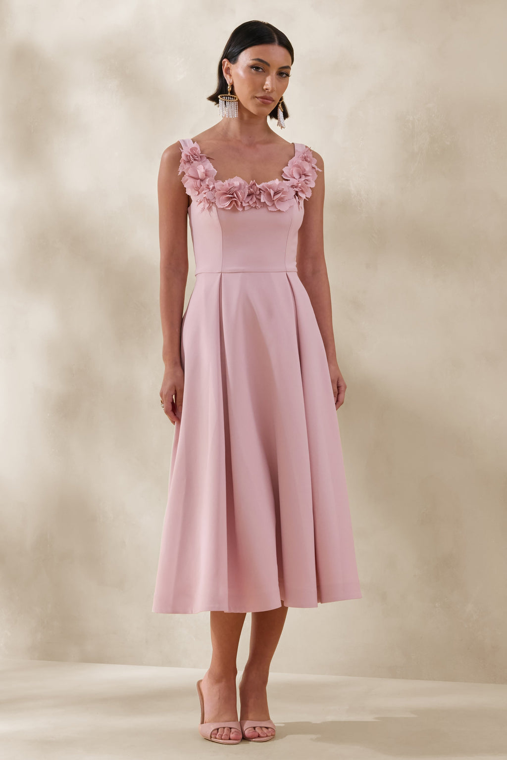 Maelle | Pink Scoop-Neck Midi Dress With Corsage Detailing