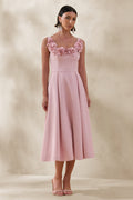 Maelle | Pink Scoop-Neck Midi Dress With Corsage Detailing