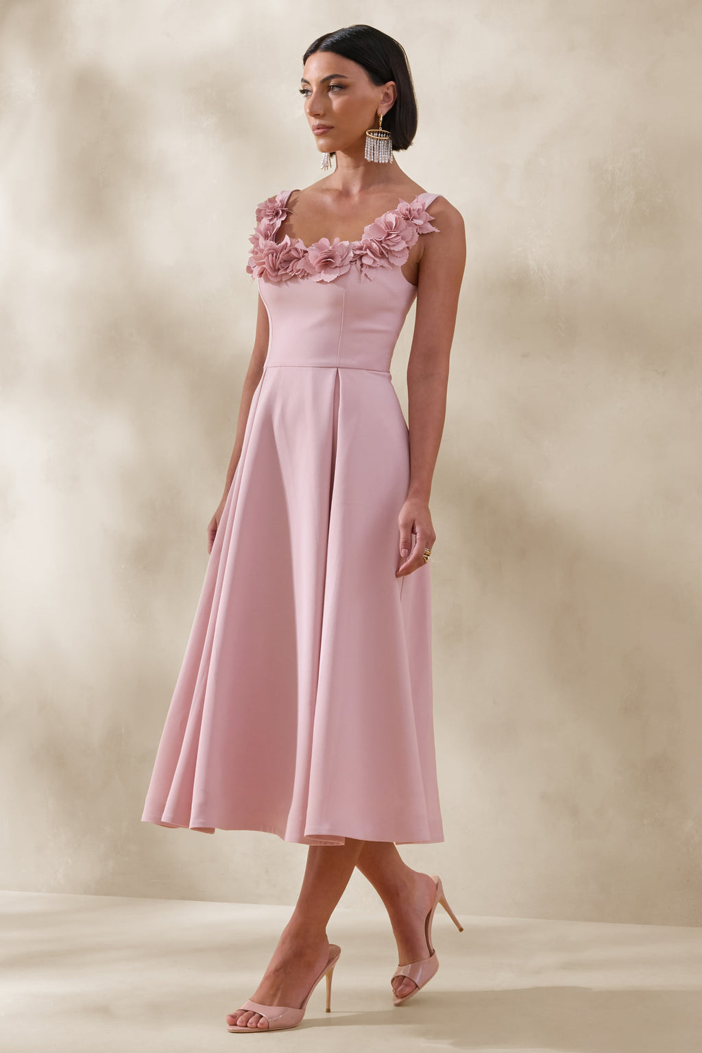 Maelle | Pink Scoop-Neck Midi Dress With Corsage Detailing