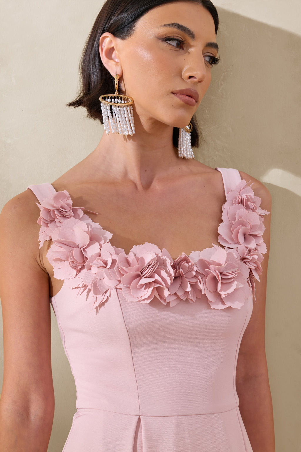 Maelle | Pink Scoop-Neck Midi Dress With Corsage Detailing