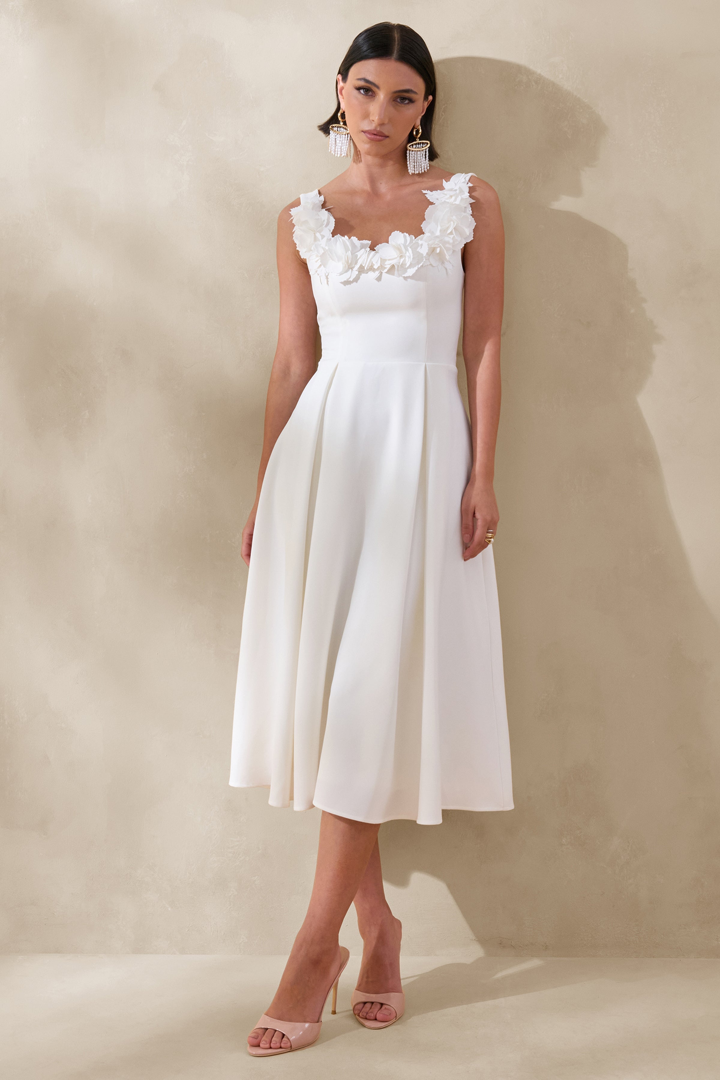Maelle | White Scoop-Neck Midi Dress With Corsage Detailing