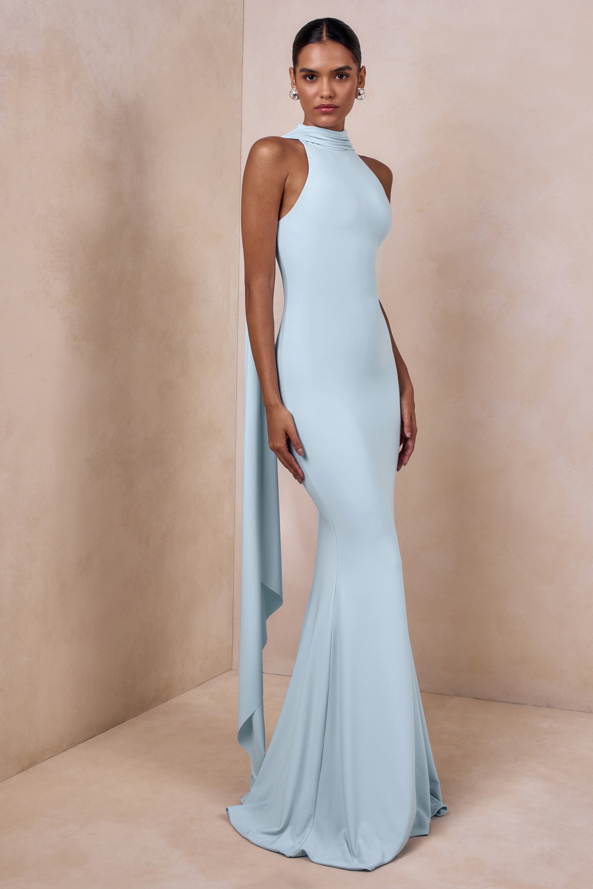 Cordy | Powder Blue High-Neck Maxi Dress With Cape