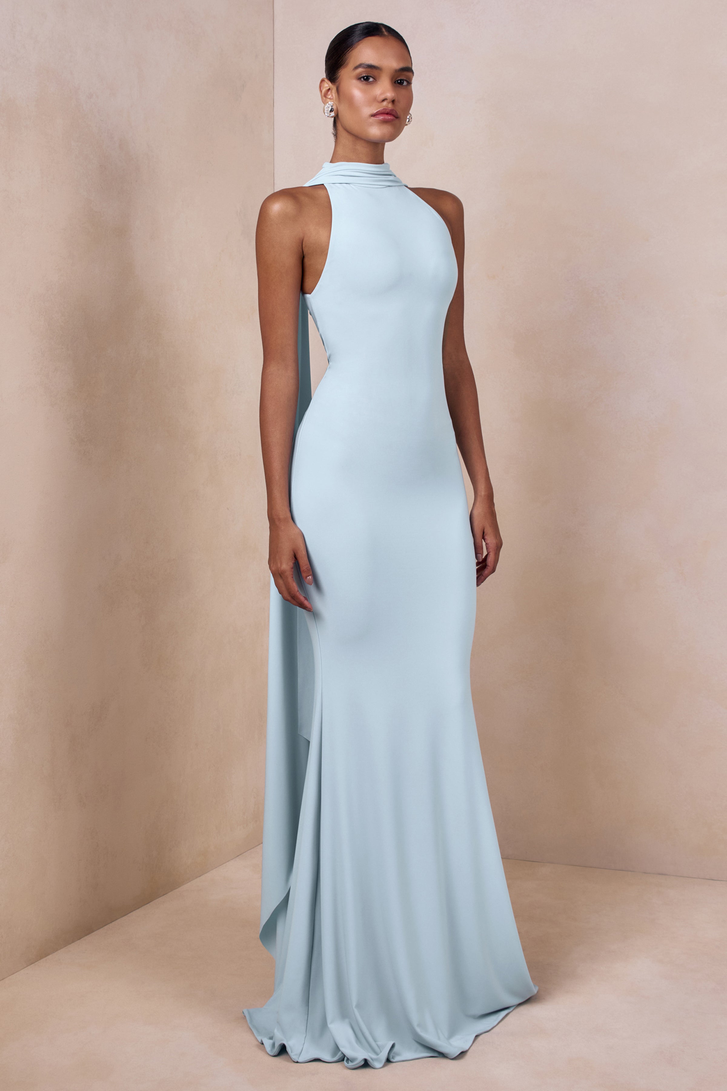 Cordy | Powder Blue High-Neck Maxi Dress With Cape