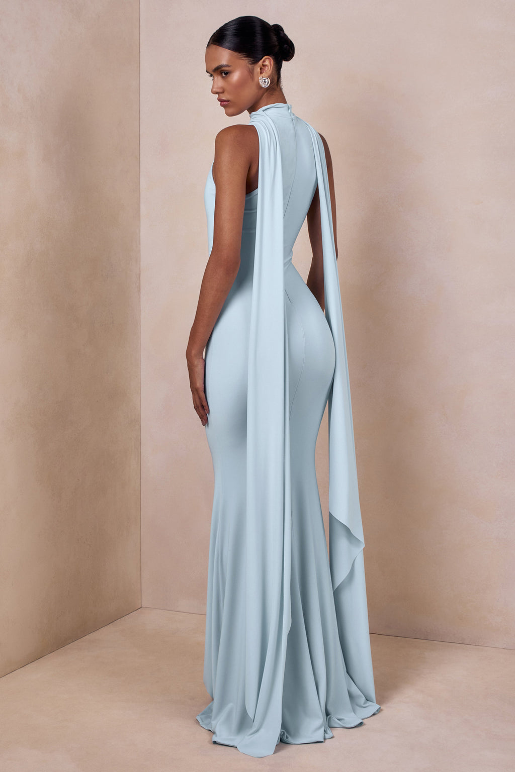 Cordy | Powder Blue High-Neck Maxi Dress With Cape