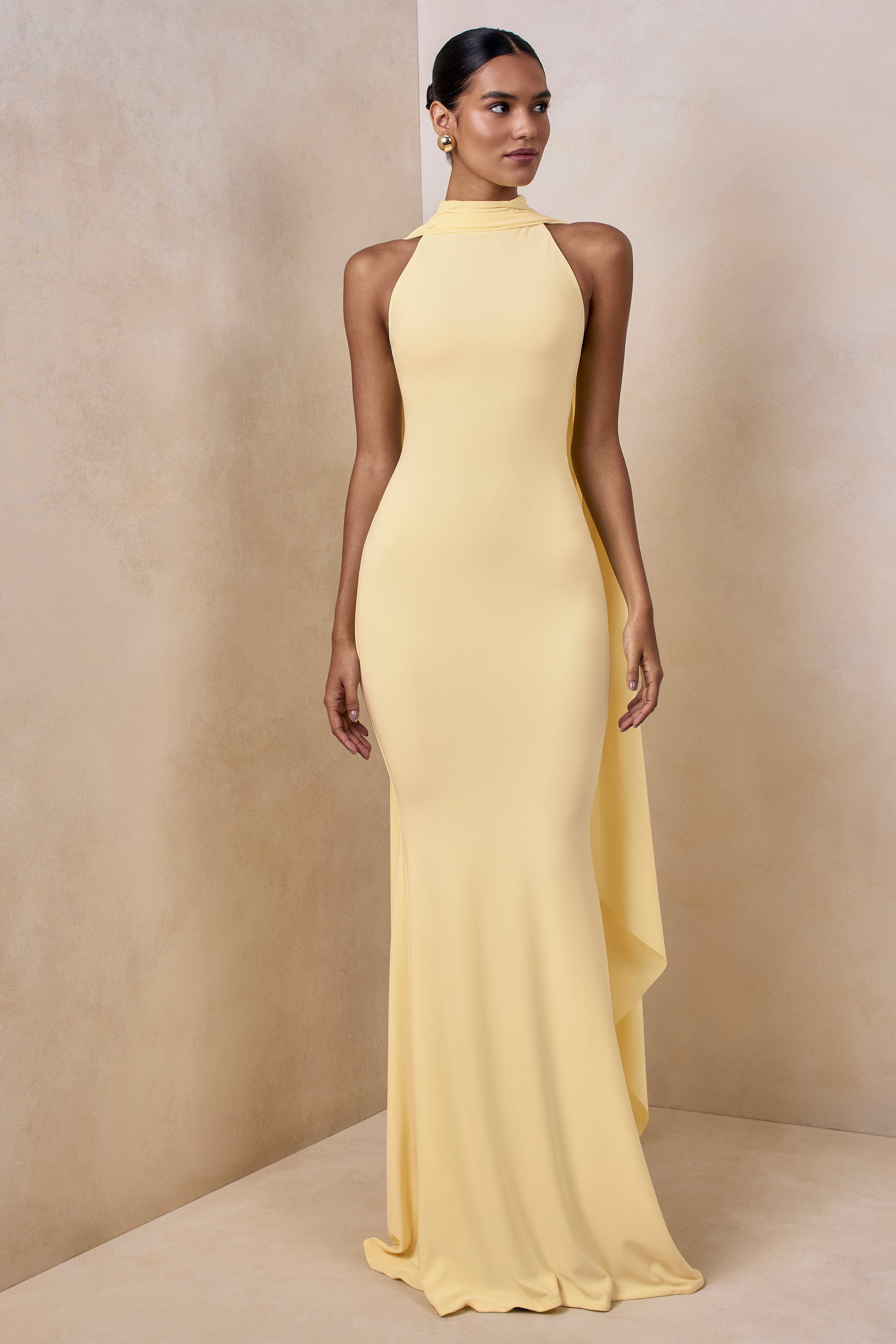 Cordy | Lemon High-Neck Maxi Dress With Cape