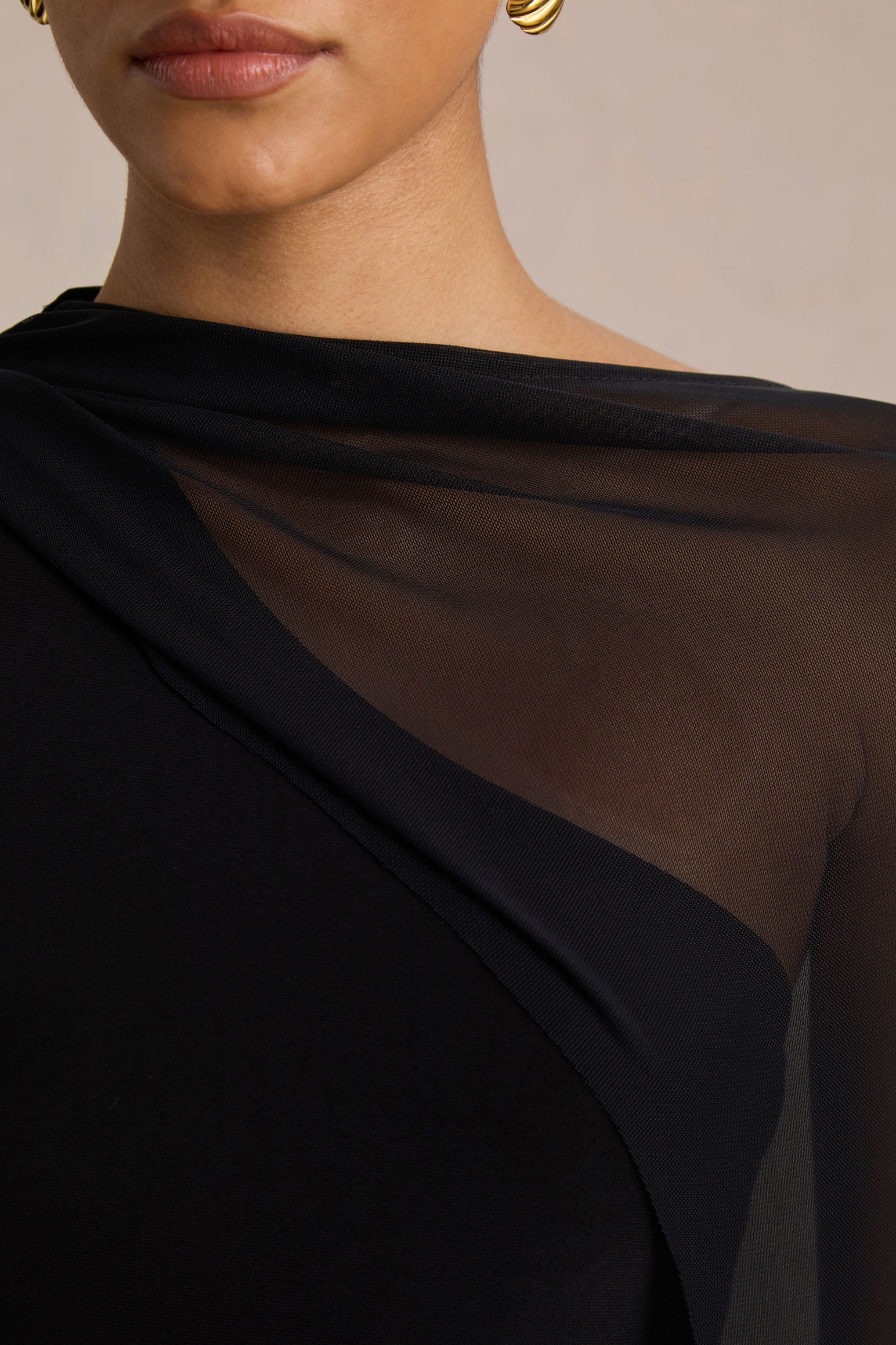 Mirelle | Black Asymmetric-Neck Maxi Dress With Sheer Cape-Sleeve
