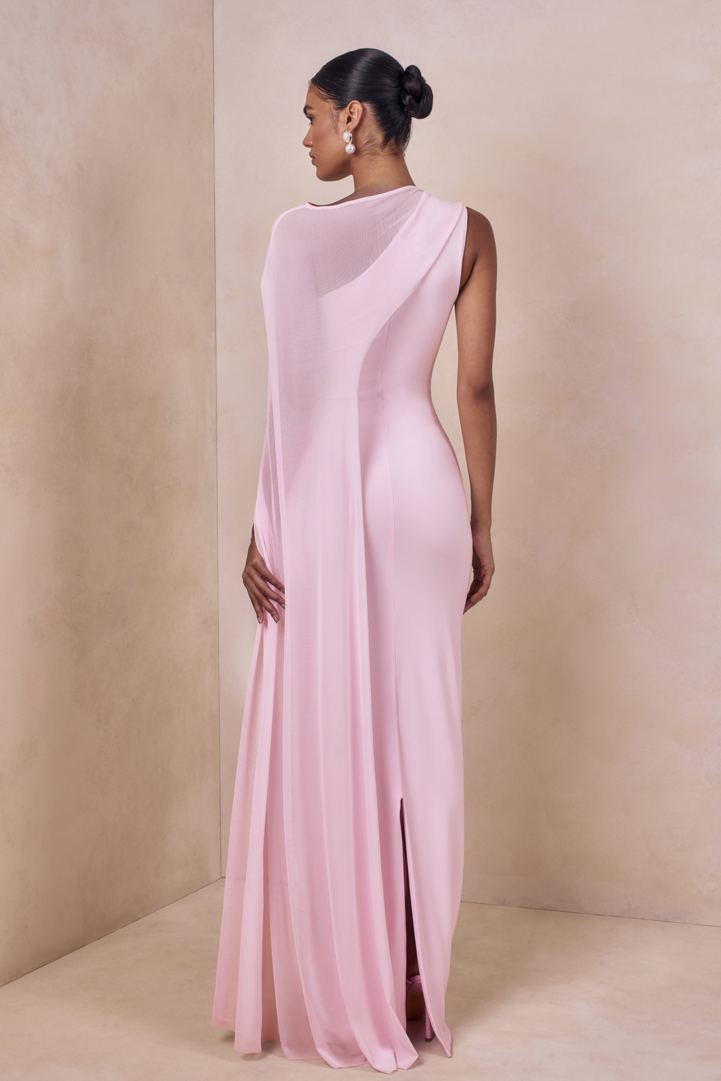 Mirelle | Light Pink Boat-Neck Maxi Dress With Cape-Sleeve