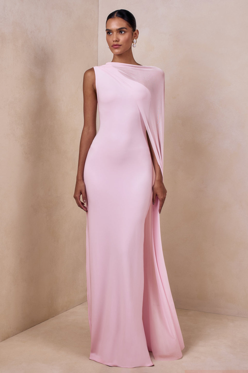 Mirelle | Light Pink Boat-Neck Maxi Dress With Cape-Sleeve