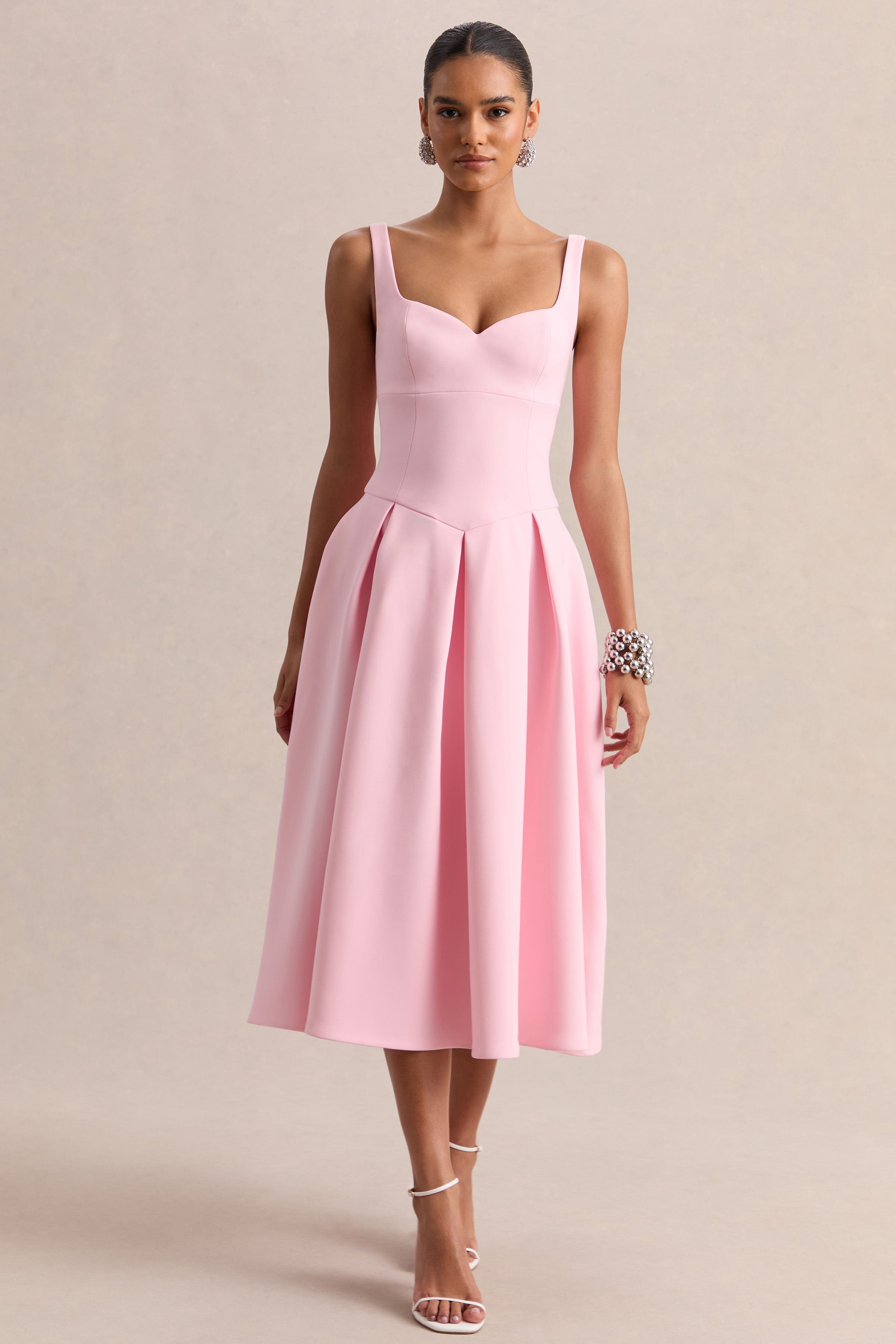 Greta | Light Pink Sweetheart-Neck Midi Dress
