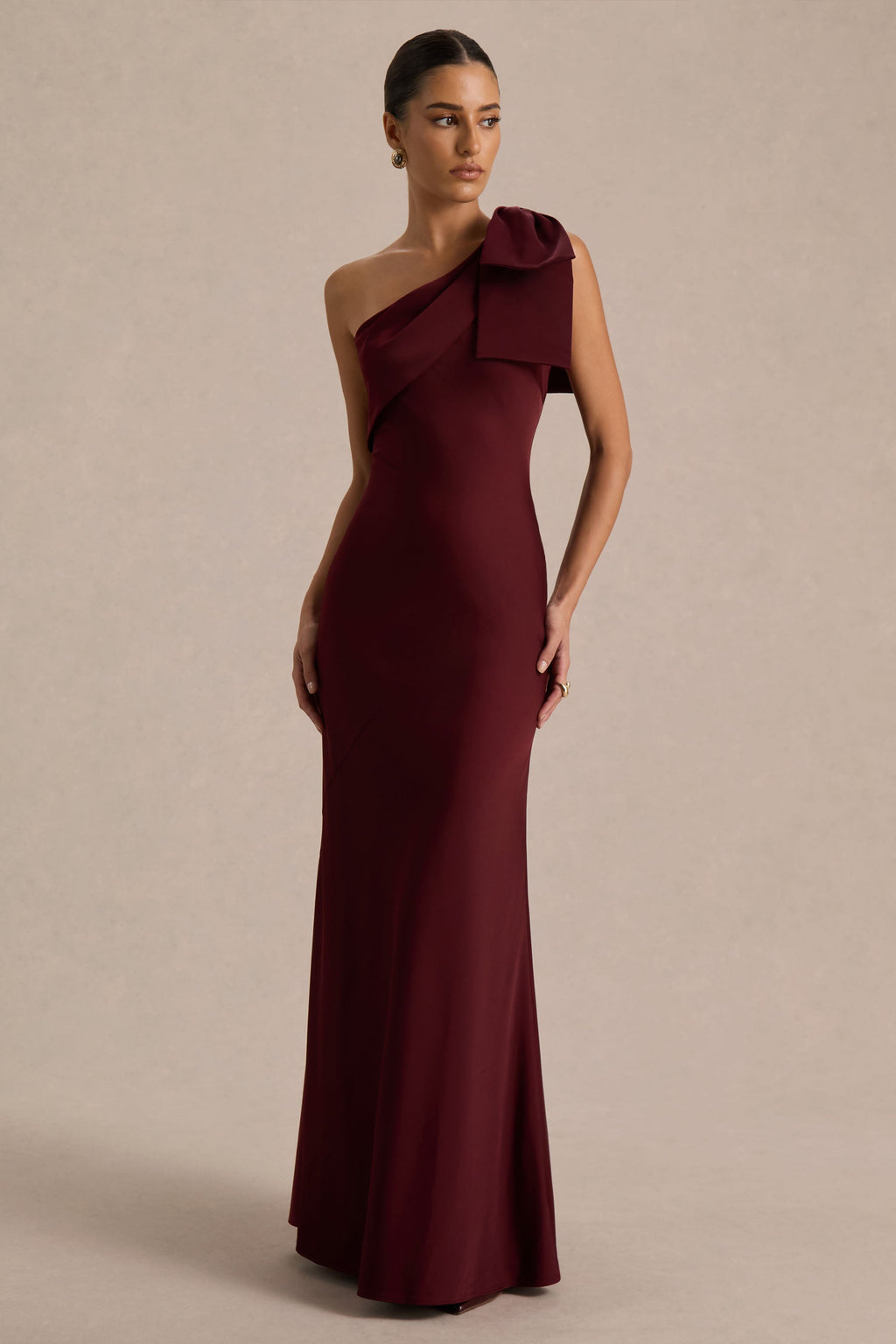 Josephine | Burgundy Matte Satin Asymmetric-Neck Maxi Dress With Bow Detail