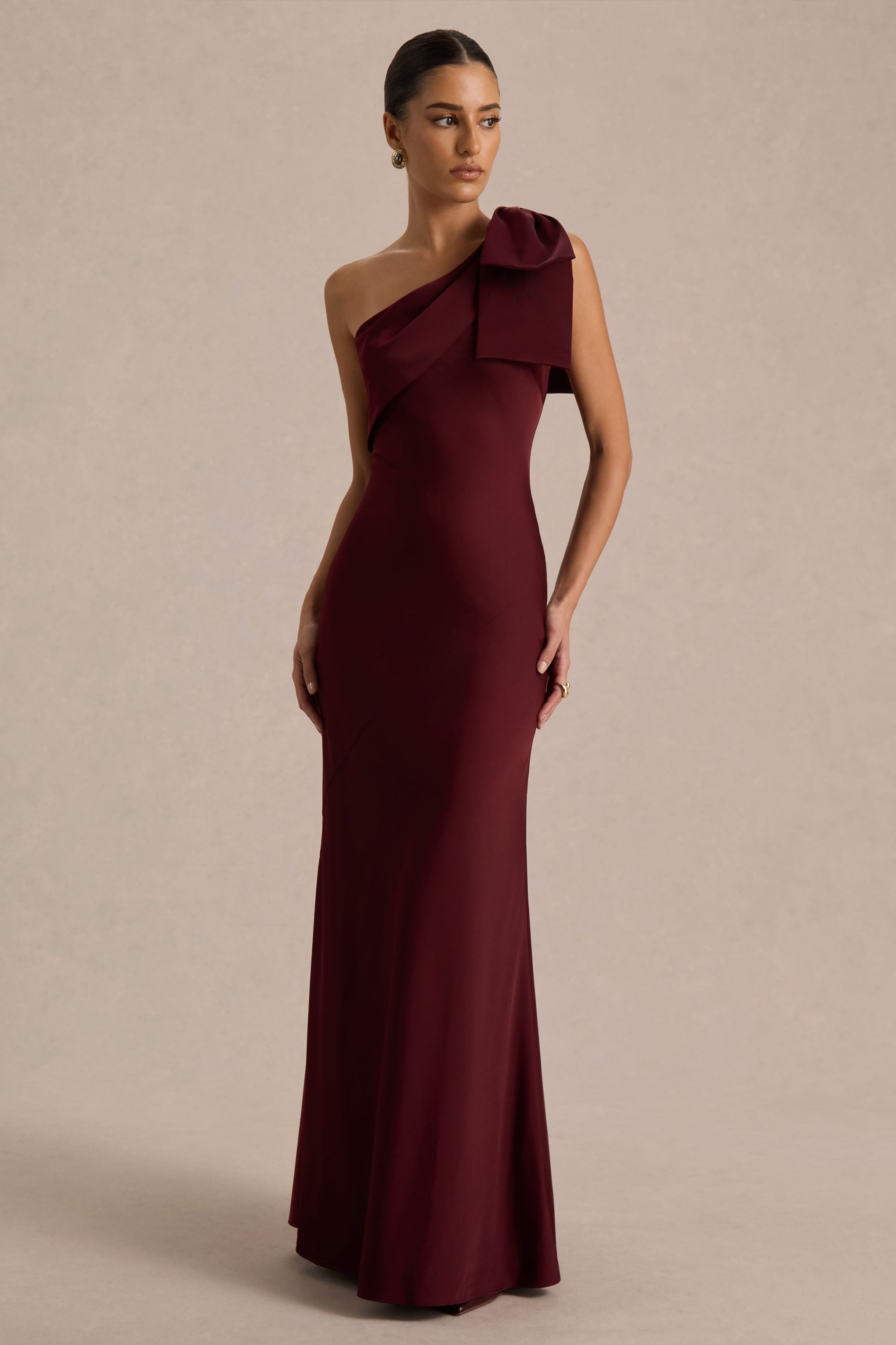 Josephine | Burgundy Matte Satin Asymmetric-Neck Maxi Dress With Bow Detail