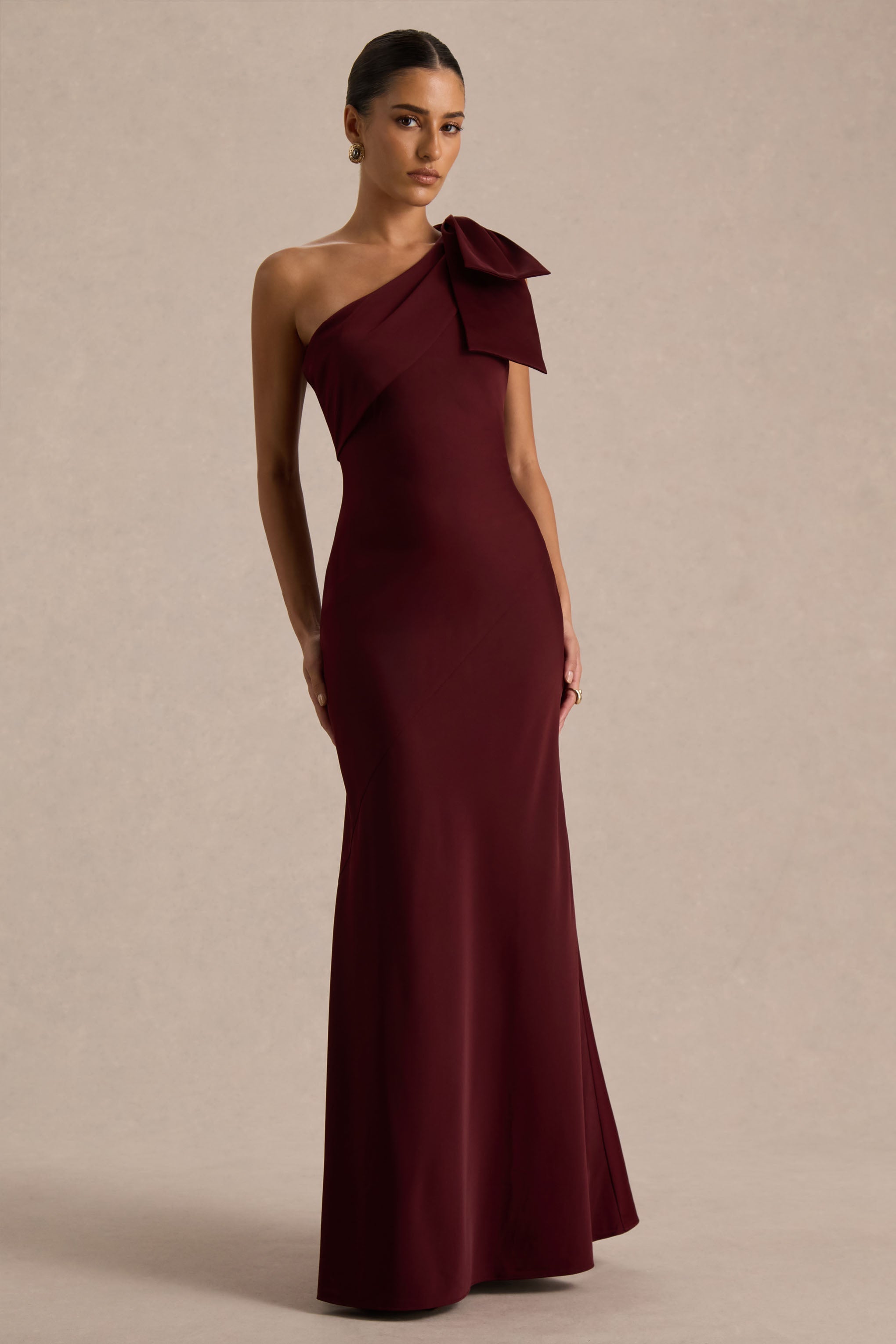 Josephine | Burgundy Matte Satin Asymmetric-Neck Maxi Dress With Bow Detail