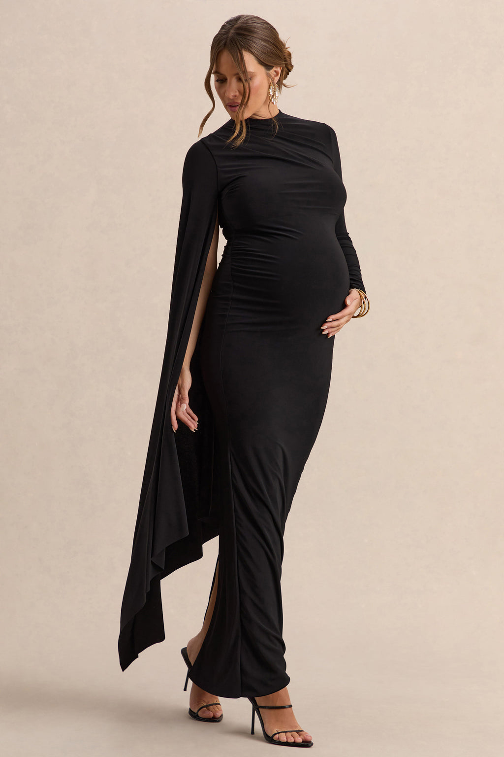 Lavinia | Black High-Neck Maternity Maxi Dress With Cape-Sleeve