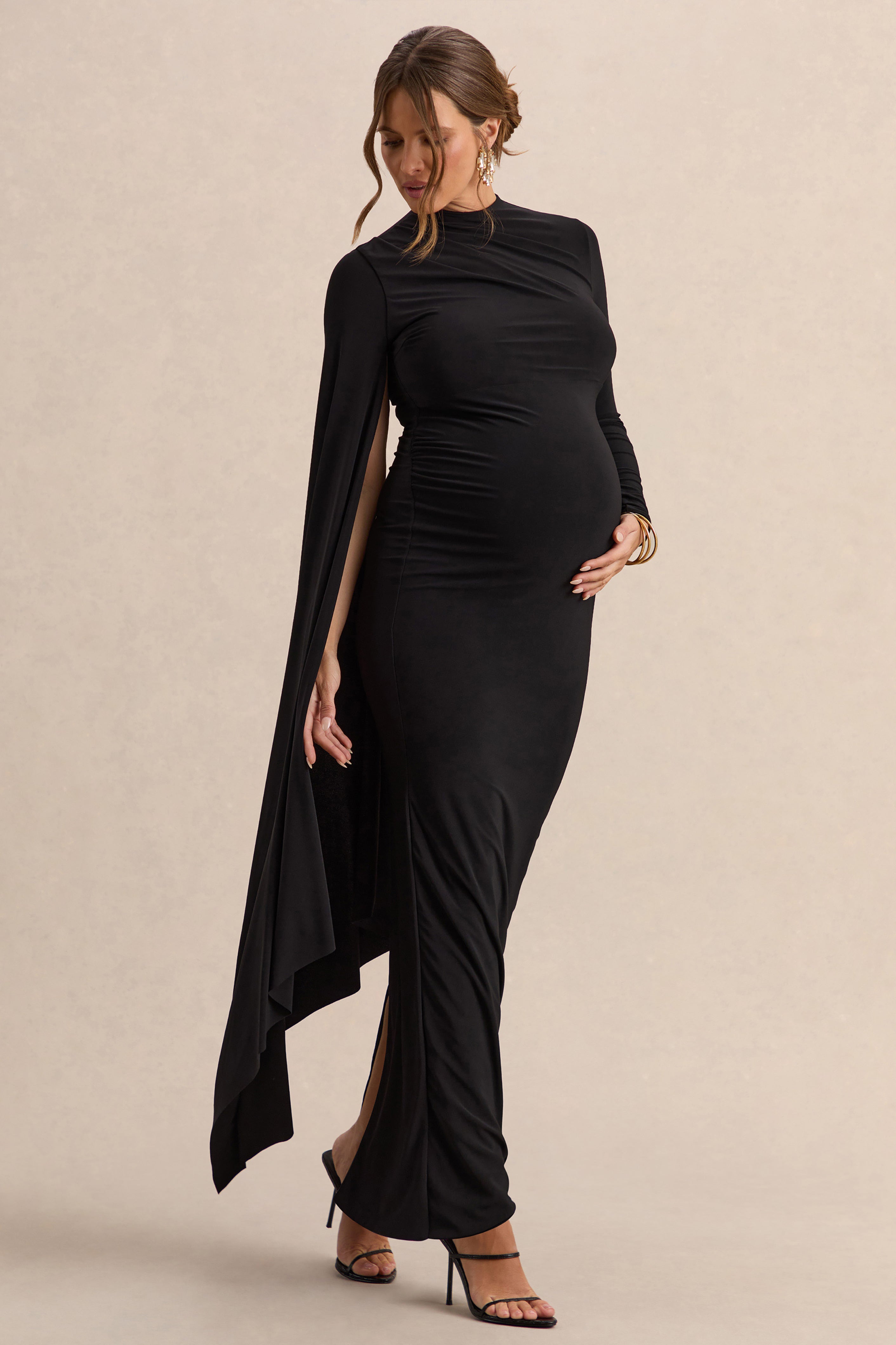 Lavinia | Black High-Neck Maternity Maxi Dress With Cape-Sleeve