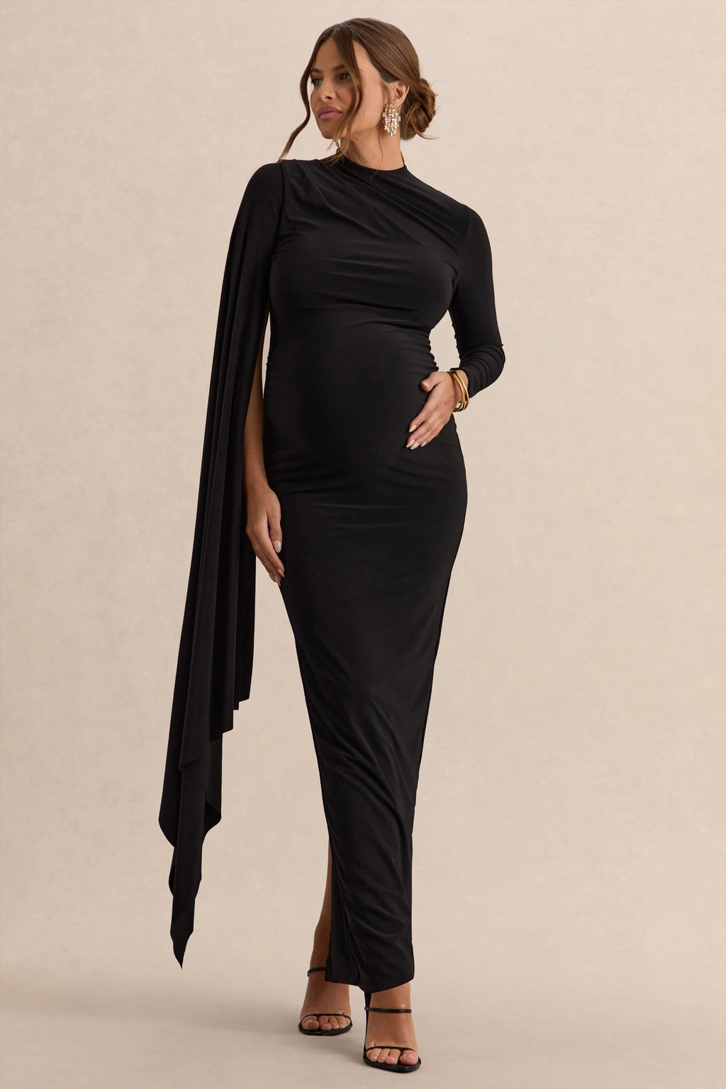 Lavinia | Black High-Neck Maternity Maxi Dress With Cape-Sleeve