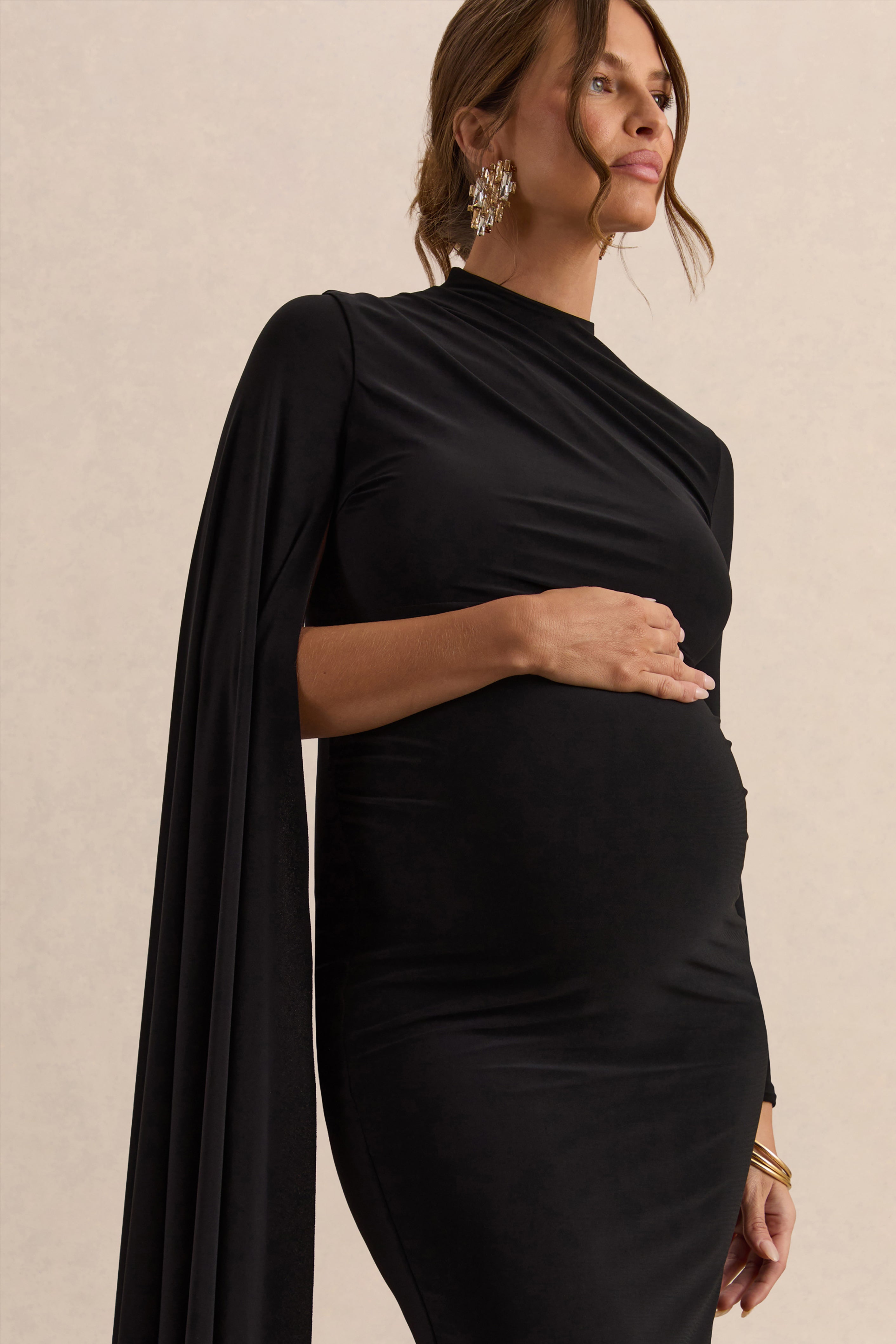 Lavinia | Black High-Neck Maternity Maxi Dress With Cape-Sleeve