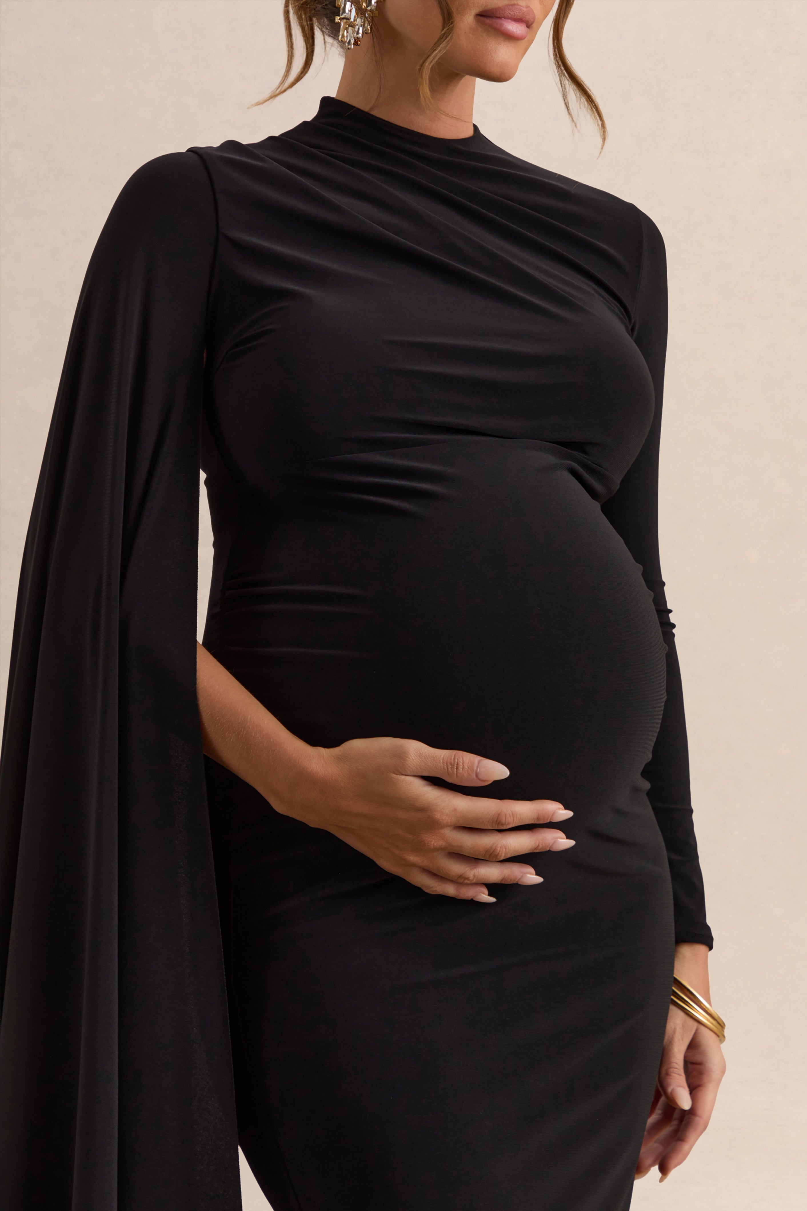 Lavinia | Black High-Neck Maternity Maxi Dress With Cape-Sleeve