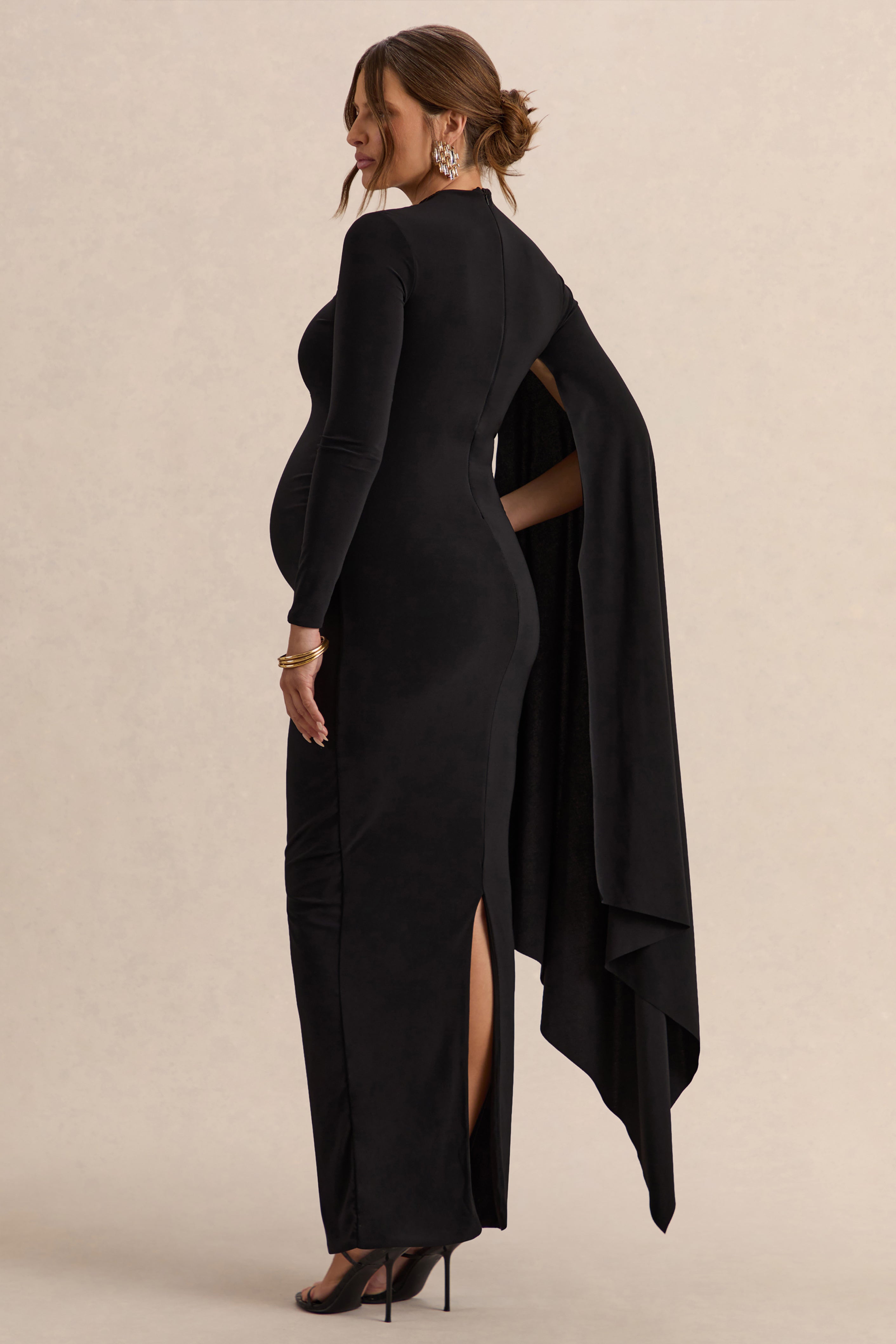 Lavinia | Black High-Neck Maternity Maxi Dress With Cape-Sleeve