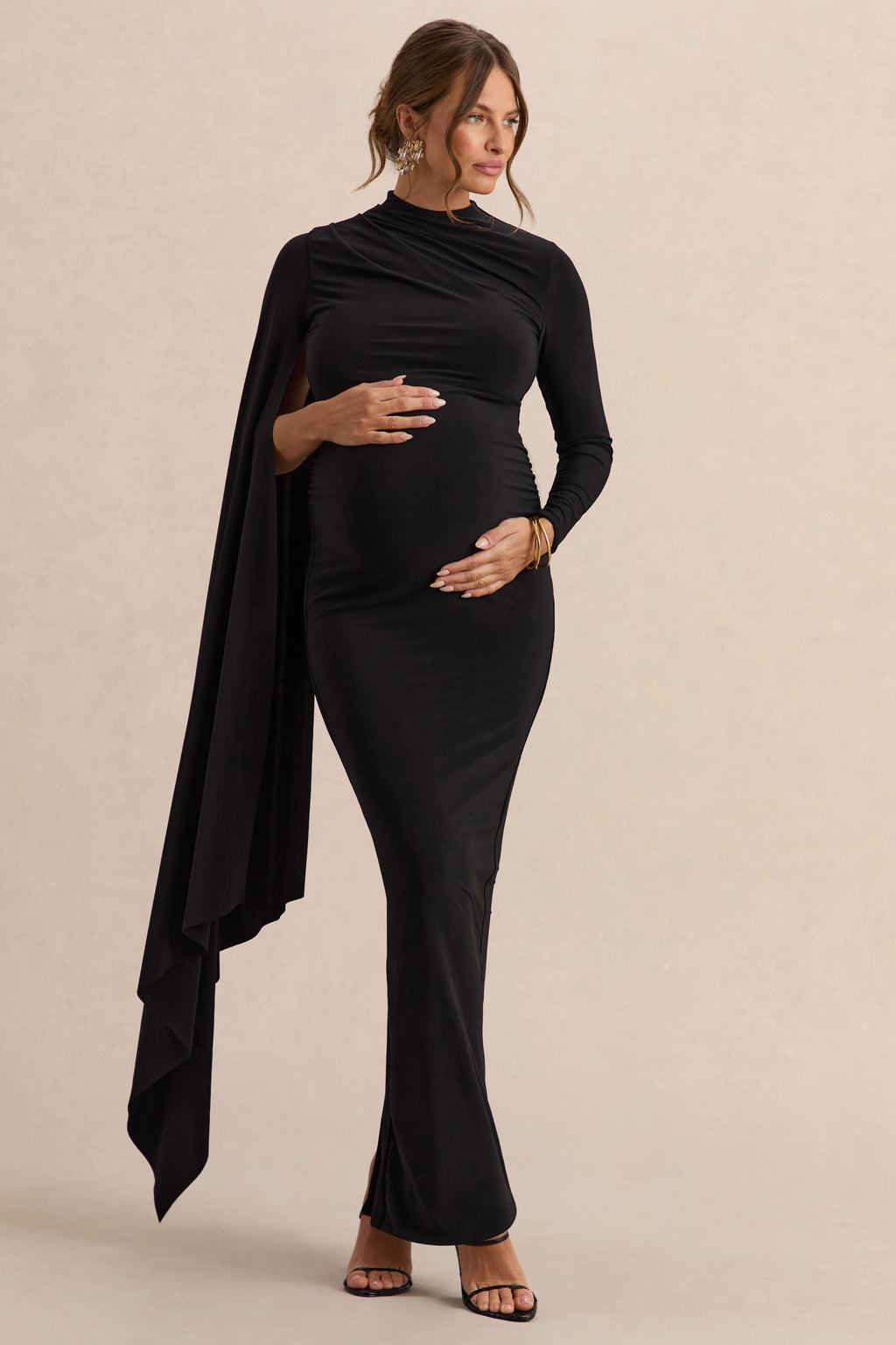 Lavinia | Black High-Neck Maternity Maxi Dress With Cape-Sleeve