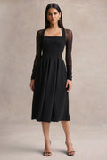 Melinda | Black Square-Neck Midi Dress With Mesh Detailing
