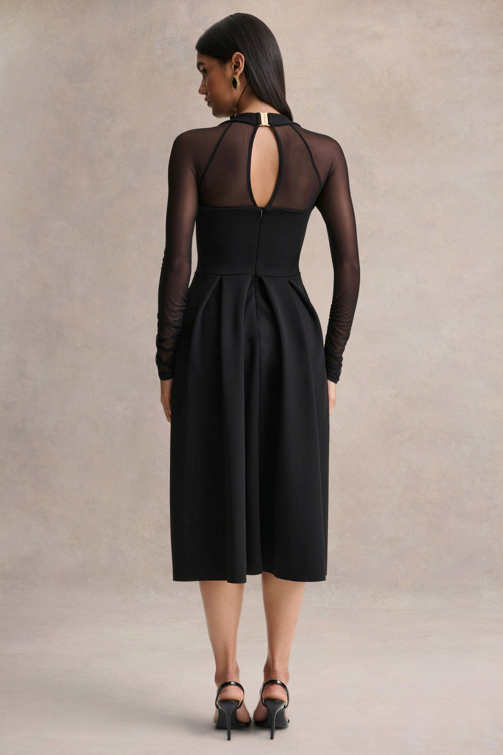 Melinda | Black Square-Neck Midi Dress With Mesh Detailing