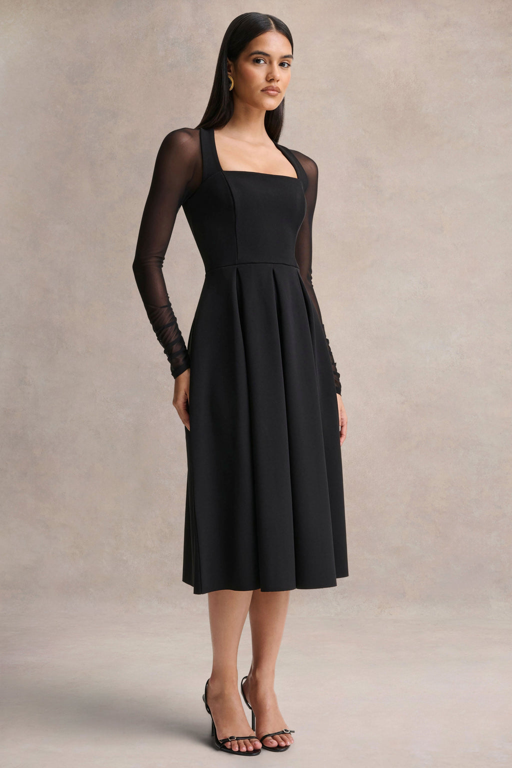 Melinda | Black Square-Neck Midi Dress With Mesh Detailing