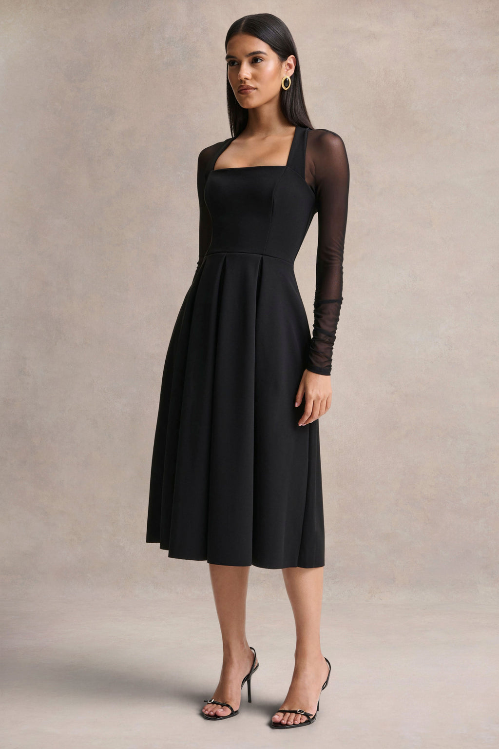 Melinda | Black Square-Neck Midi Dress With Mesh Detailing