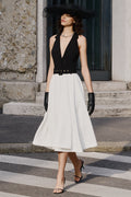Alessa | Black & White Plunge-Neck Tailored Midi Dress
