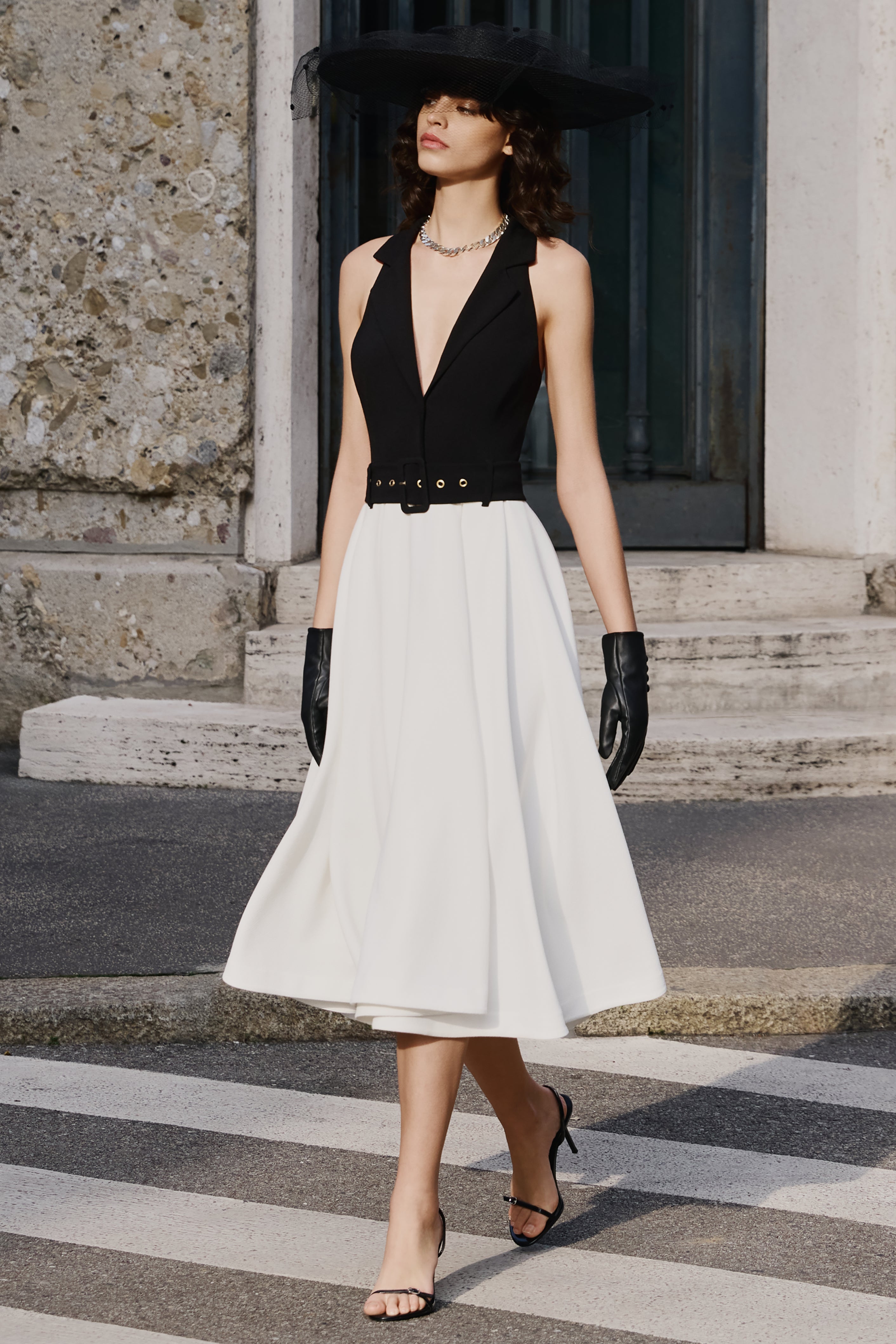 Alessa | Black & White Plunge-Neck Tailored Midi Dress